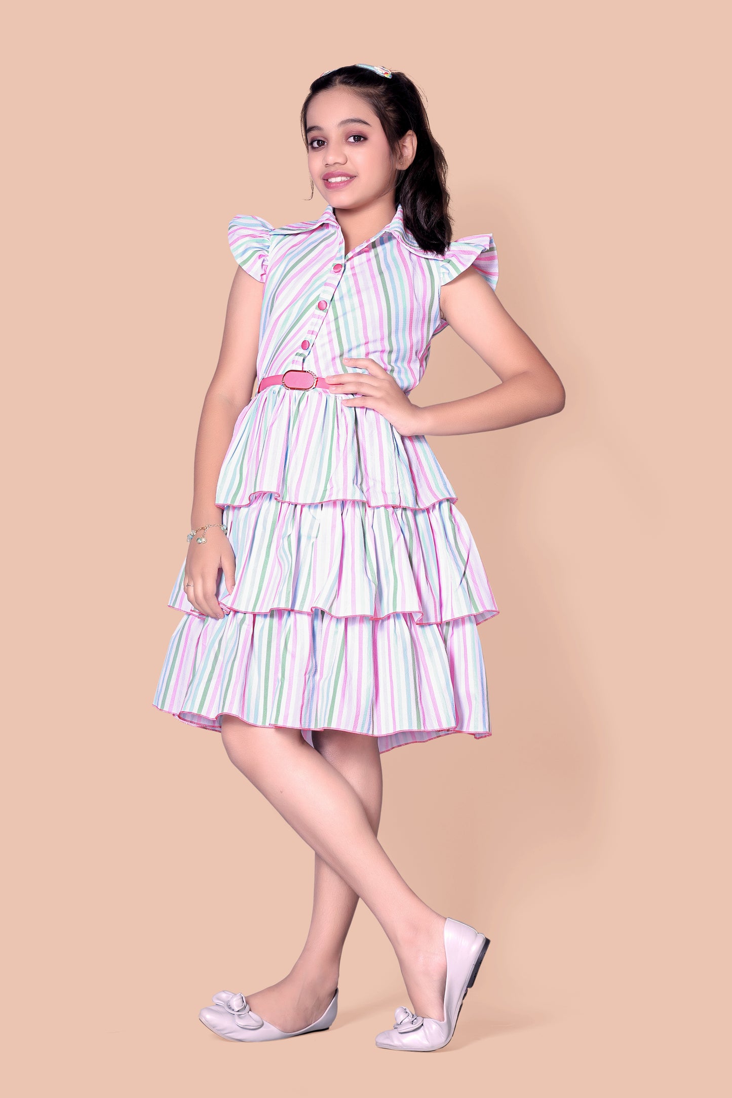 White Frock With Multicolour Lines