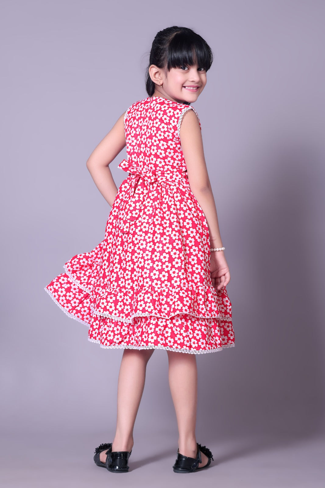 Fabangel Pink Colour Floral Printed Frock With Lace Embelishment
