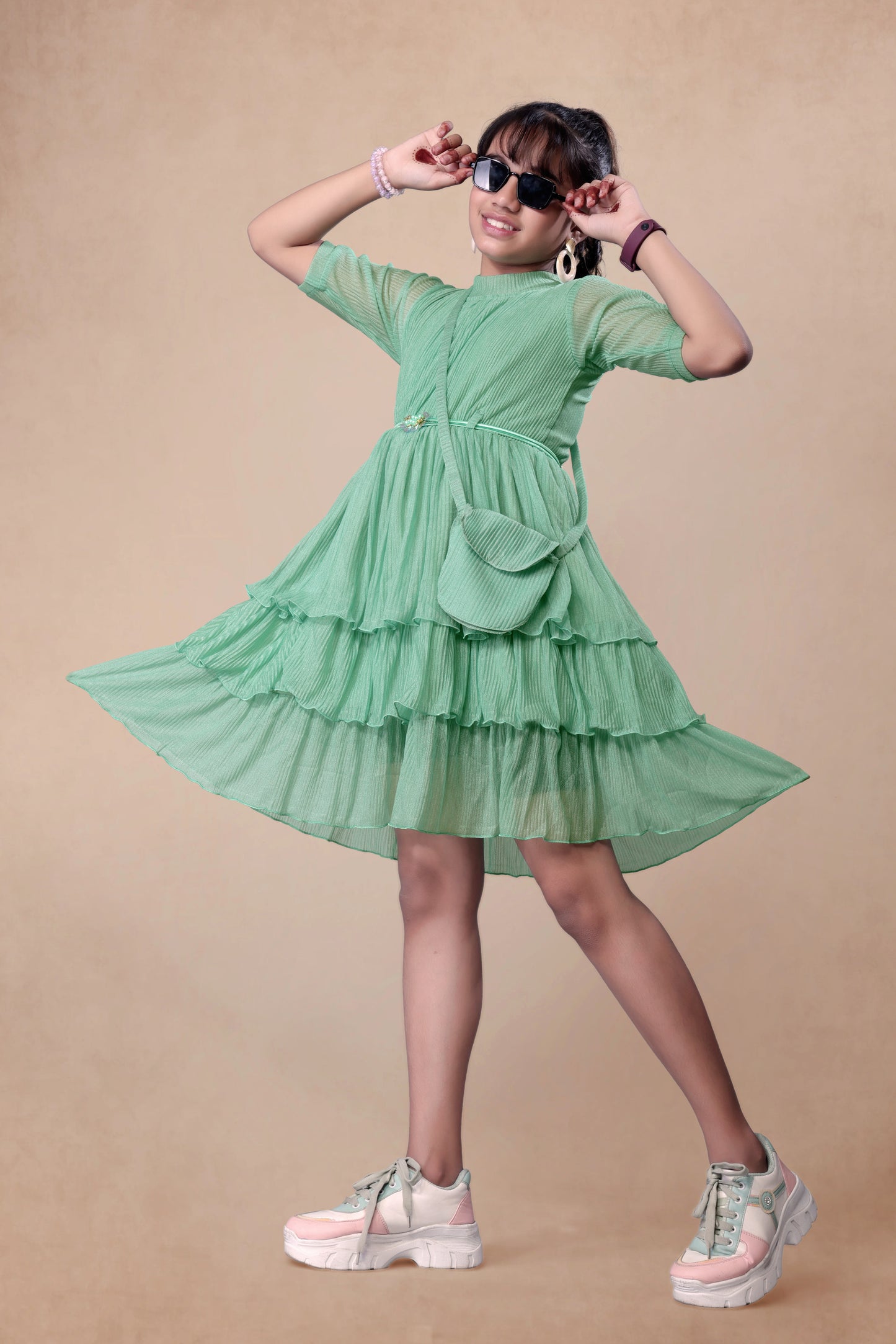 Green Pleated Three Layered Frock With Cute Handbag