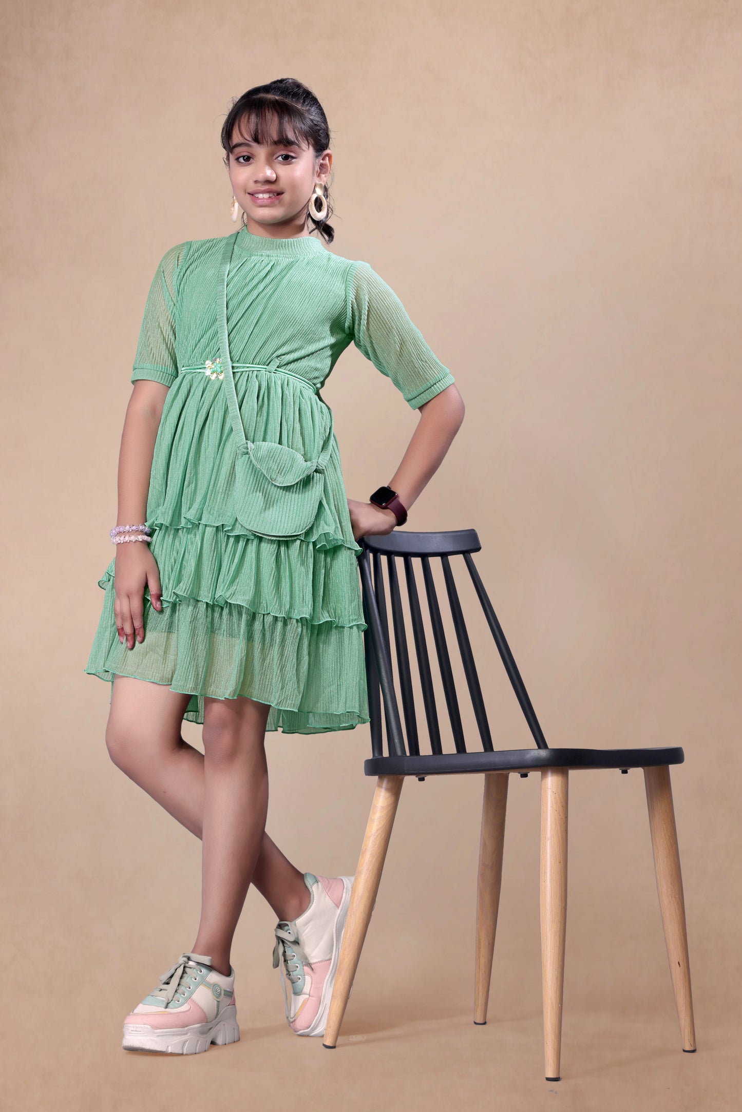 Green Pleated Three Layered Frock With Cute Handbag