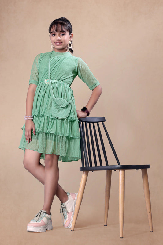 Green Pleated Three Layered Frock With Cute Handbag