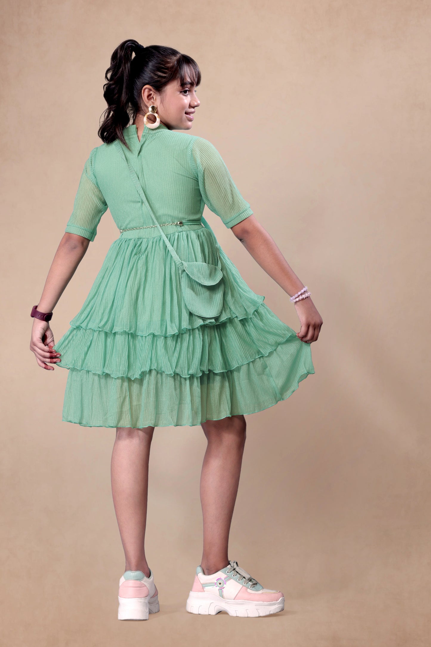 Green Pleated Three Layered Frock With Cute Handbag