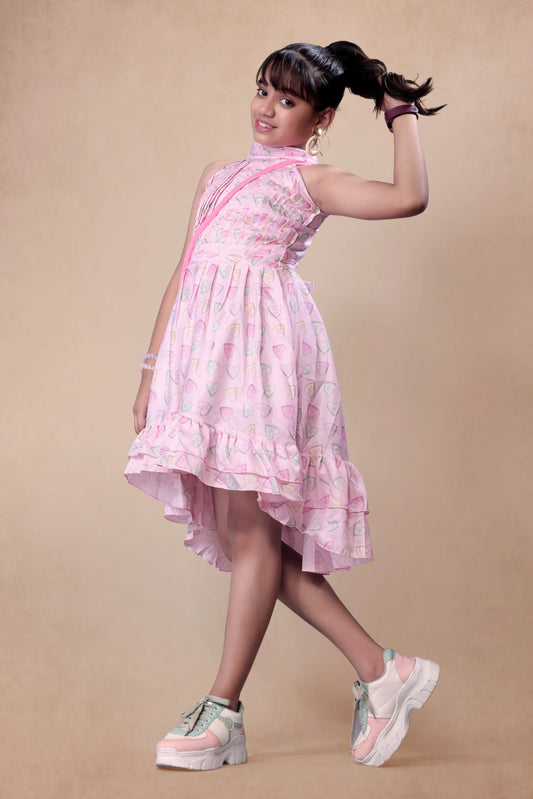 Pink Colour Heart Shaped Up Down Pattern Dress