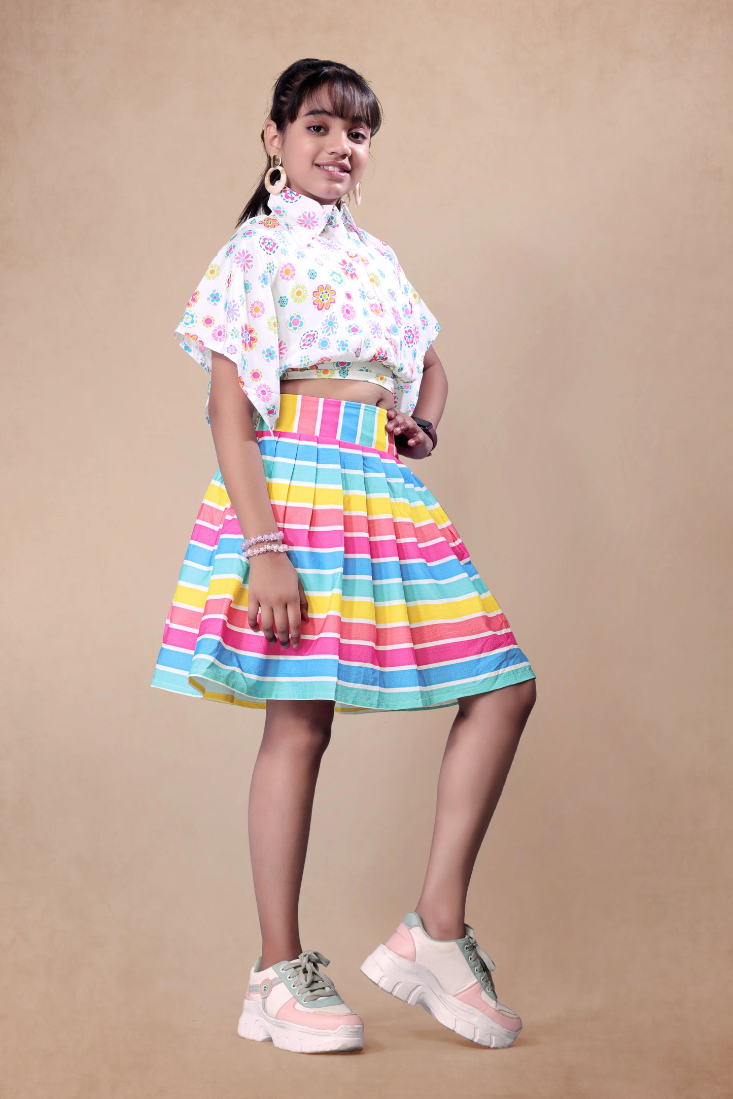 Multicolour Lines Box Pleated Skirt With  Elegant Kaftan Style Top
