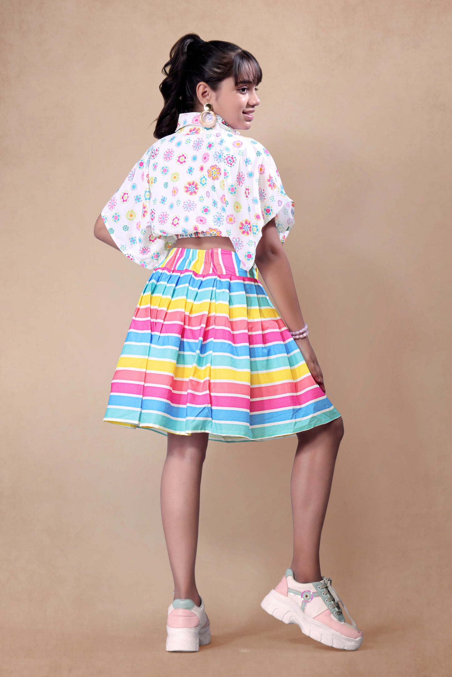 Multicolour Lines Box Pleated Skirt With  Elegant Kaftan Style Top