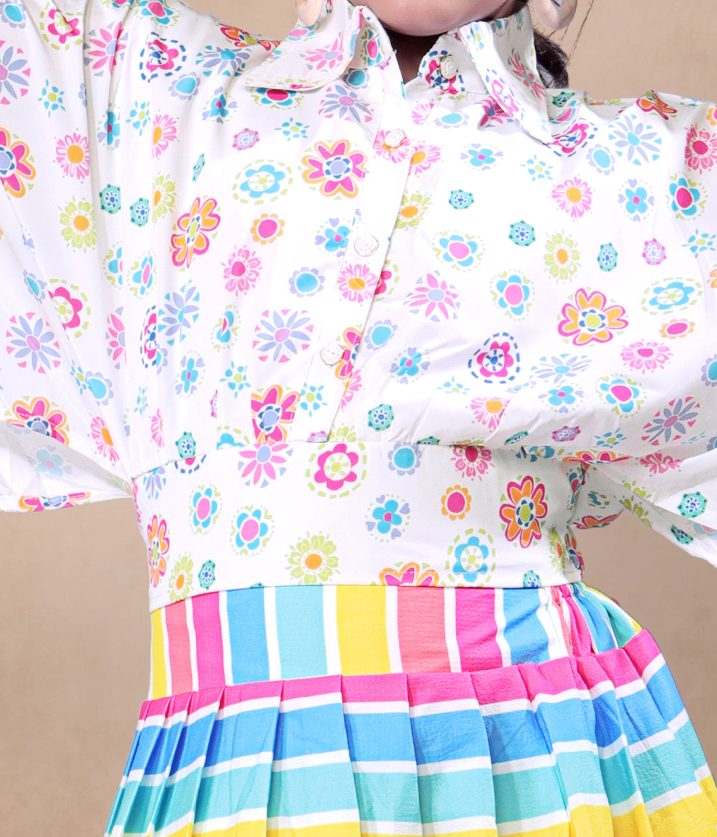 Multicolour Lines Box Pleated Skirt With  Elegant Kaftan Style Top