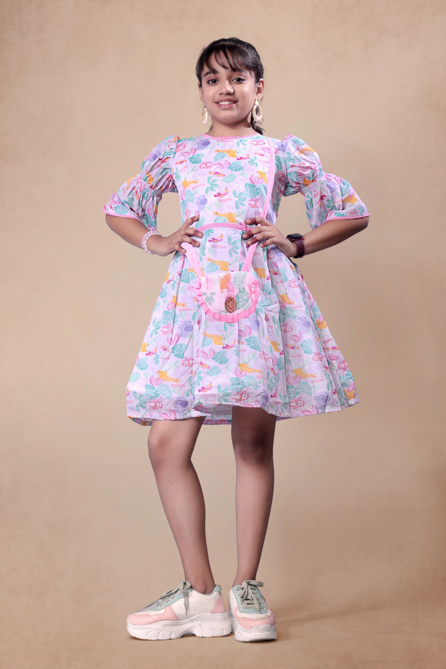 Animal Printed Frock With Smoking On Sleeves