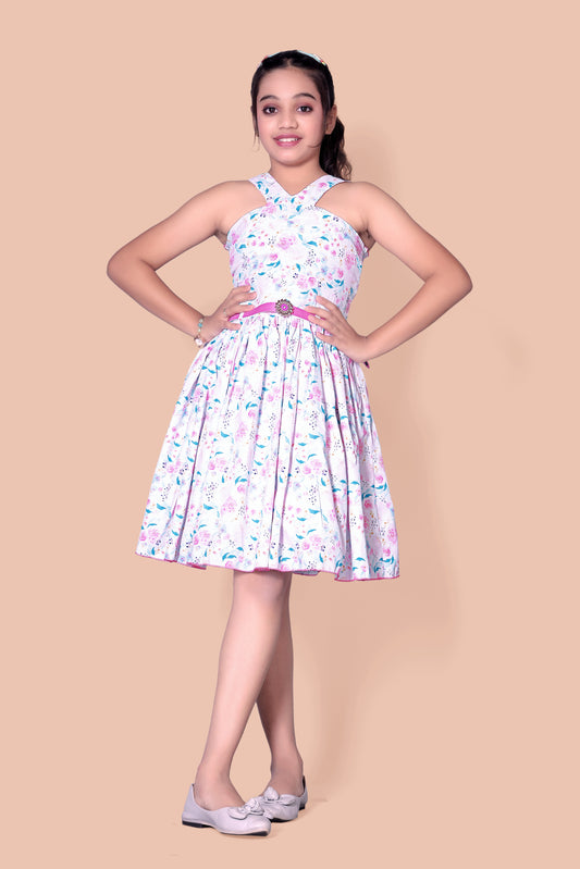 Flower Printed Cross Neck Back Smoking Frock With Belt