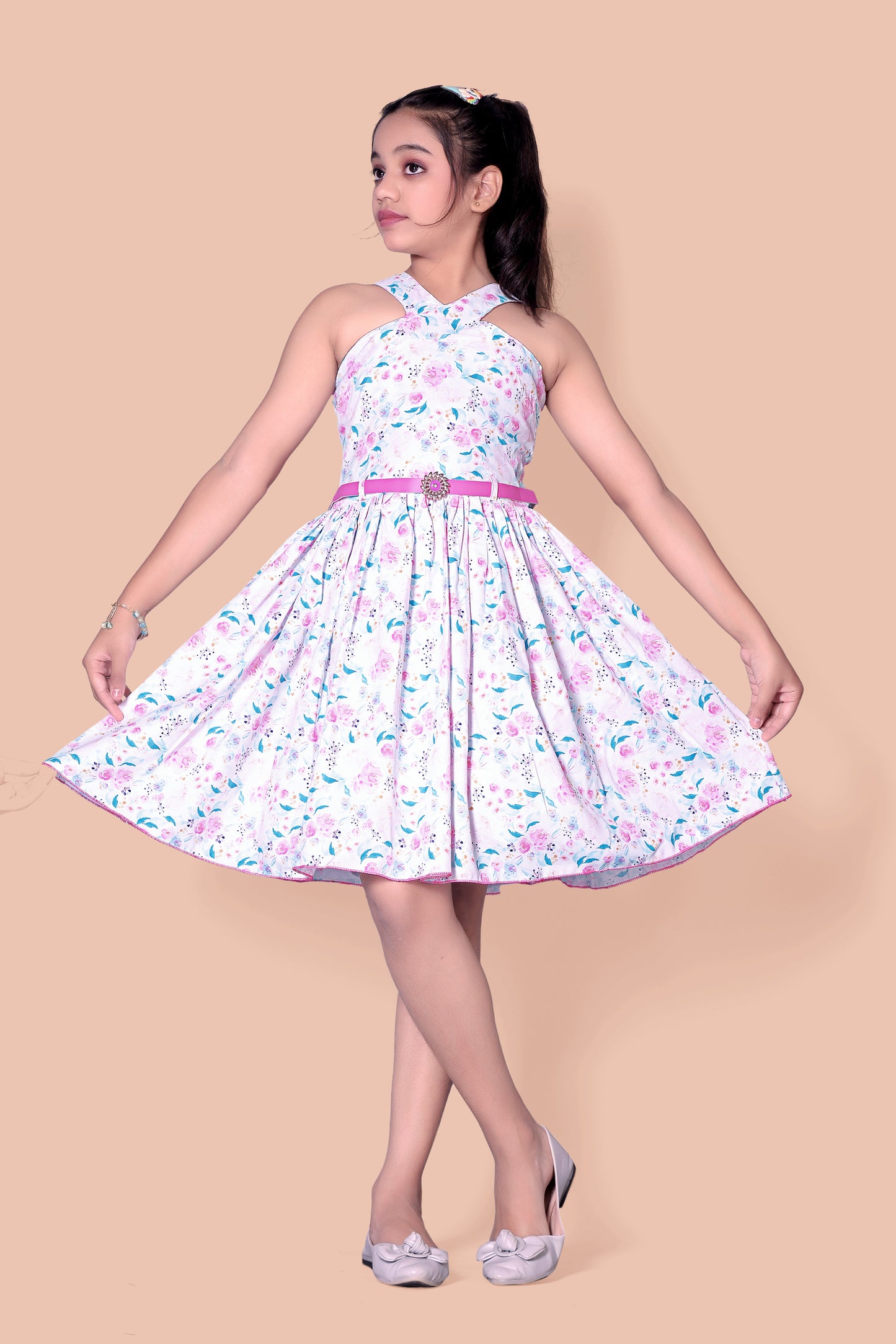 Flower Printed Cross Neck Back Smoking Frock With Belt