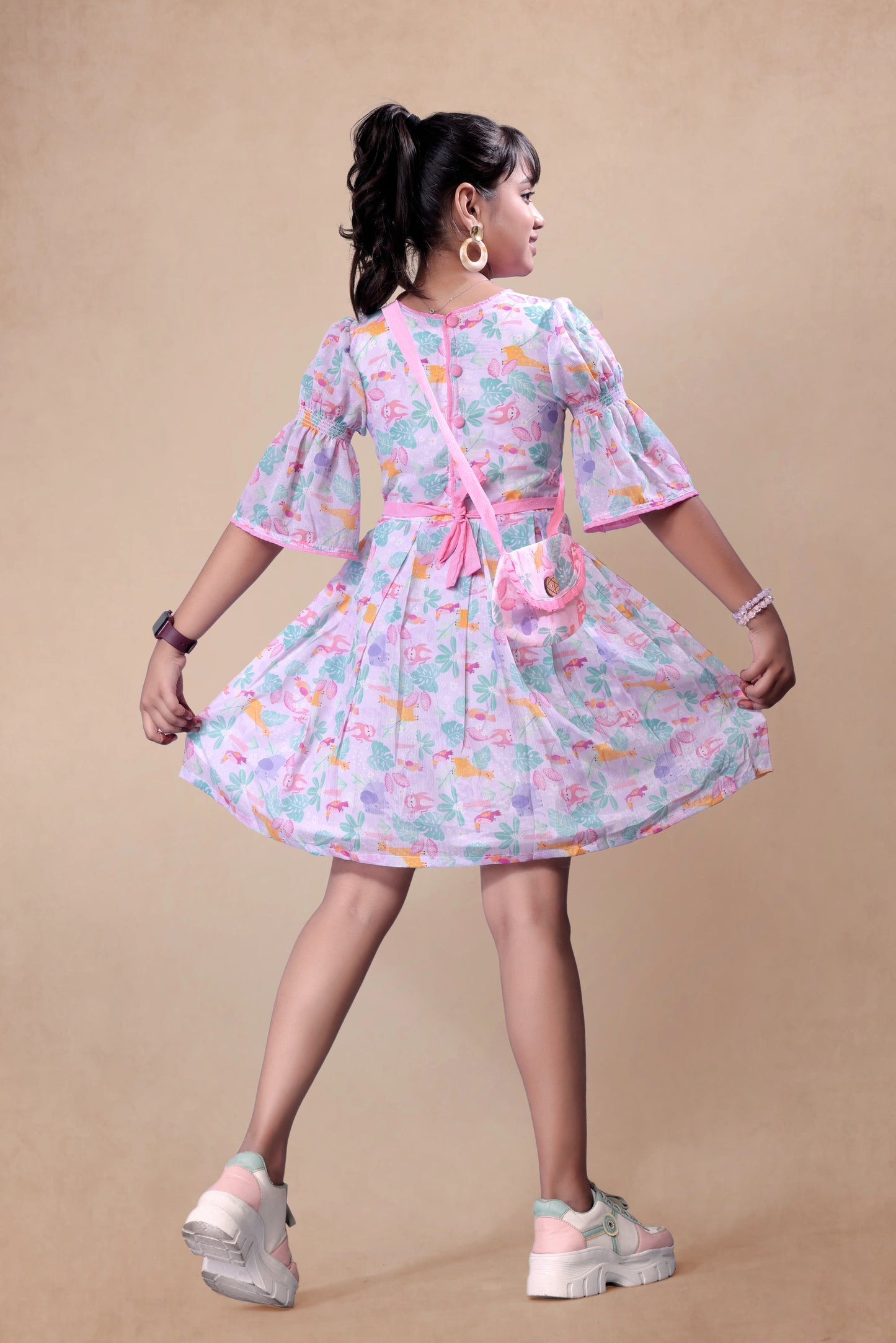 Animal Printed Frock With Smoking On Sleeves