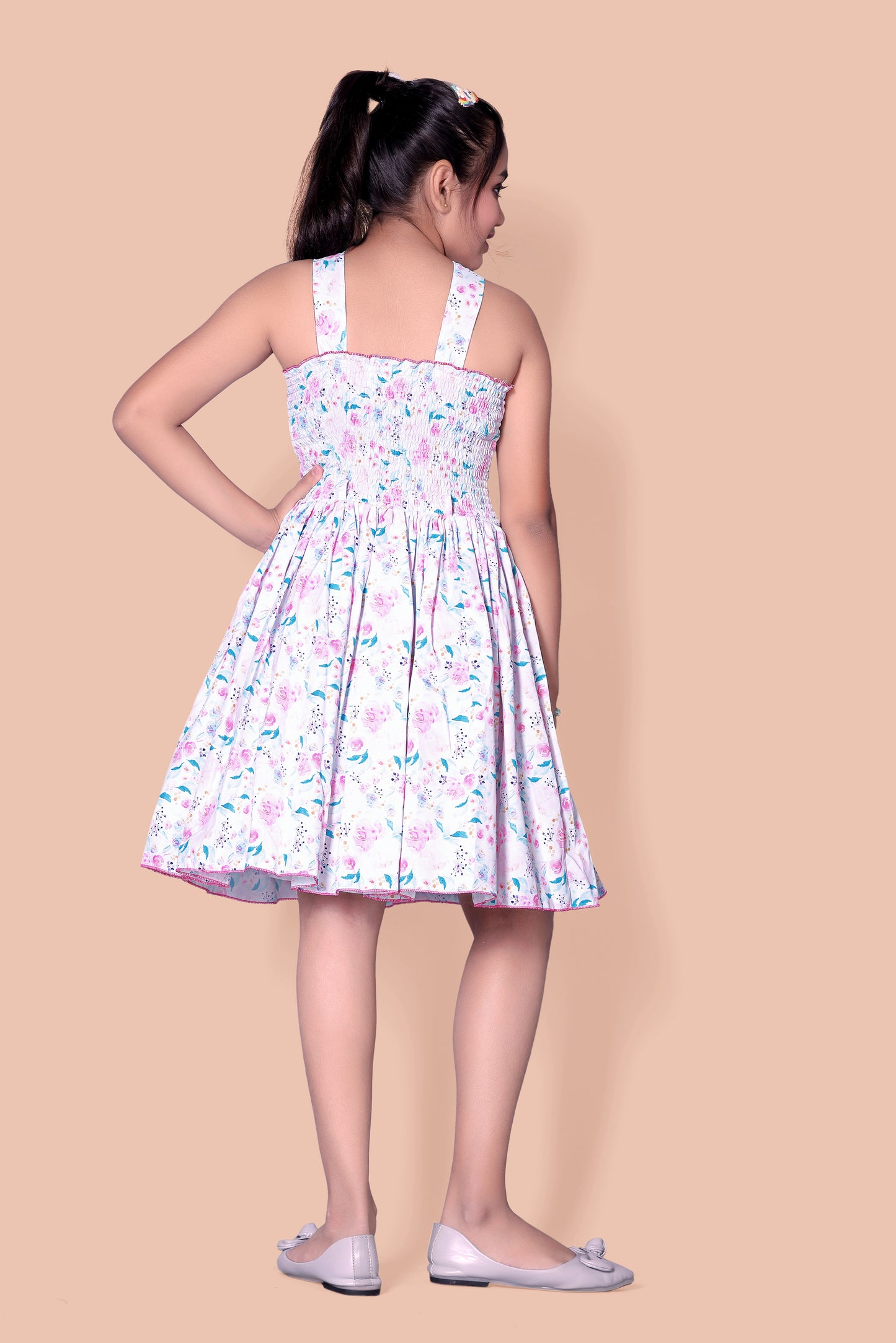 Flower Printed Cross Neck Back Smoking Frock With Belt