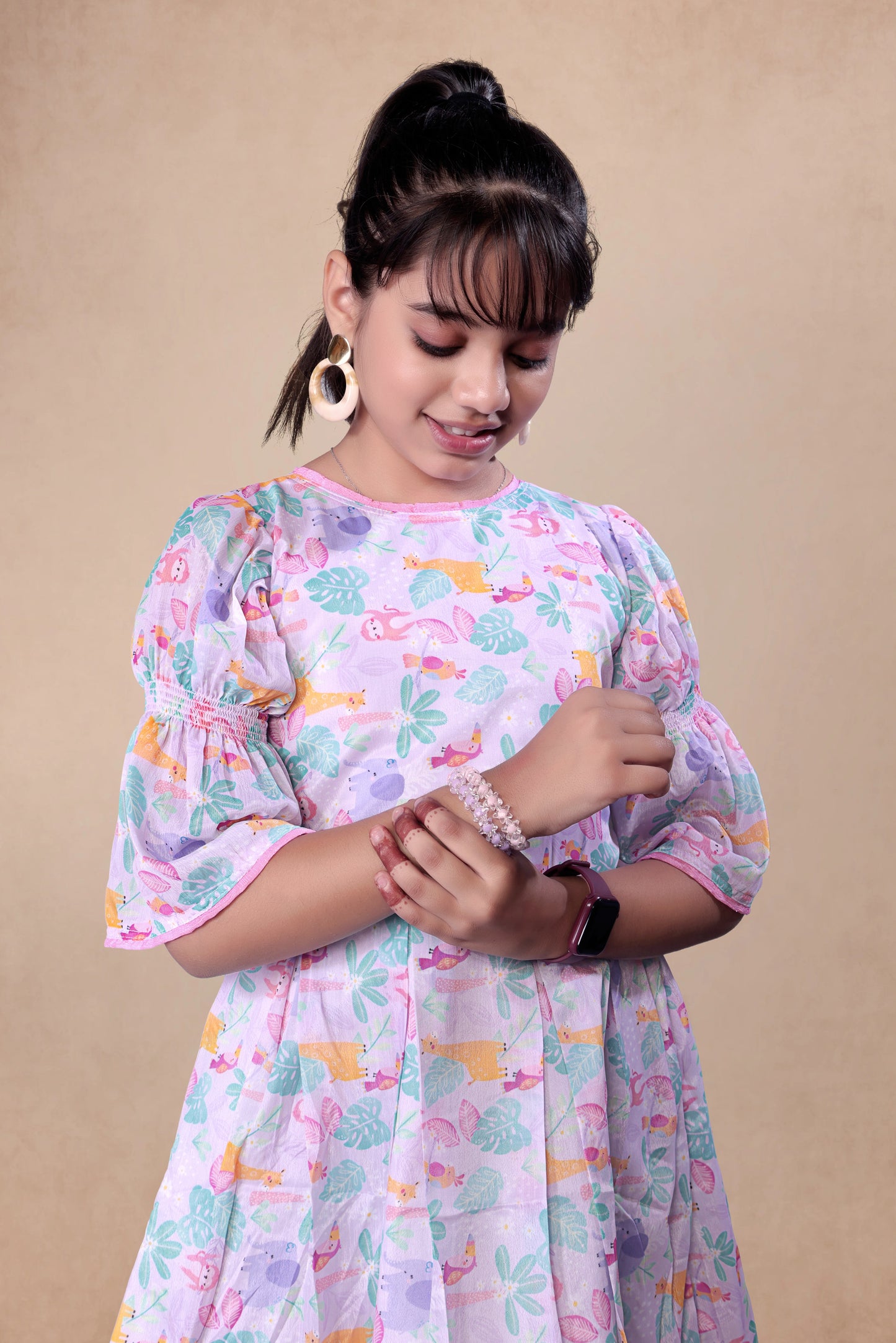 Animal Printed Frock With Smoking On Sleeves