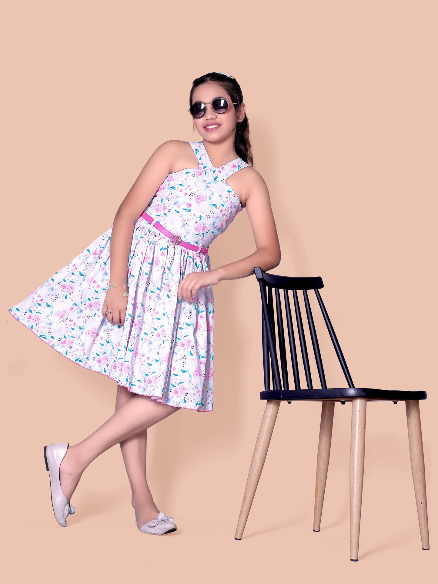 Flower Printed Cross Neck Back Smoking Frock With Belt