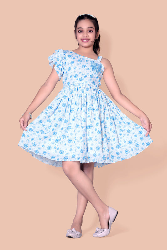 Lotus Printed One Shoulder Sleeves  Frock With Butterfly Broch On The Top