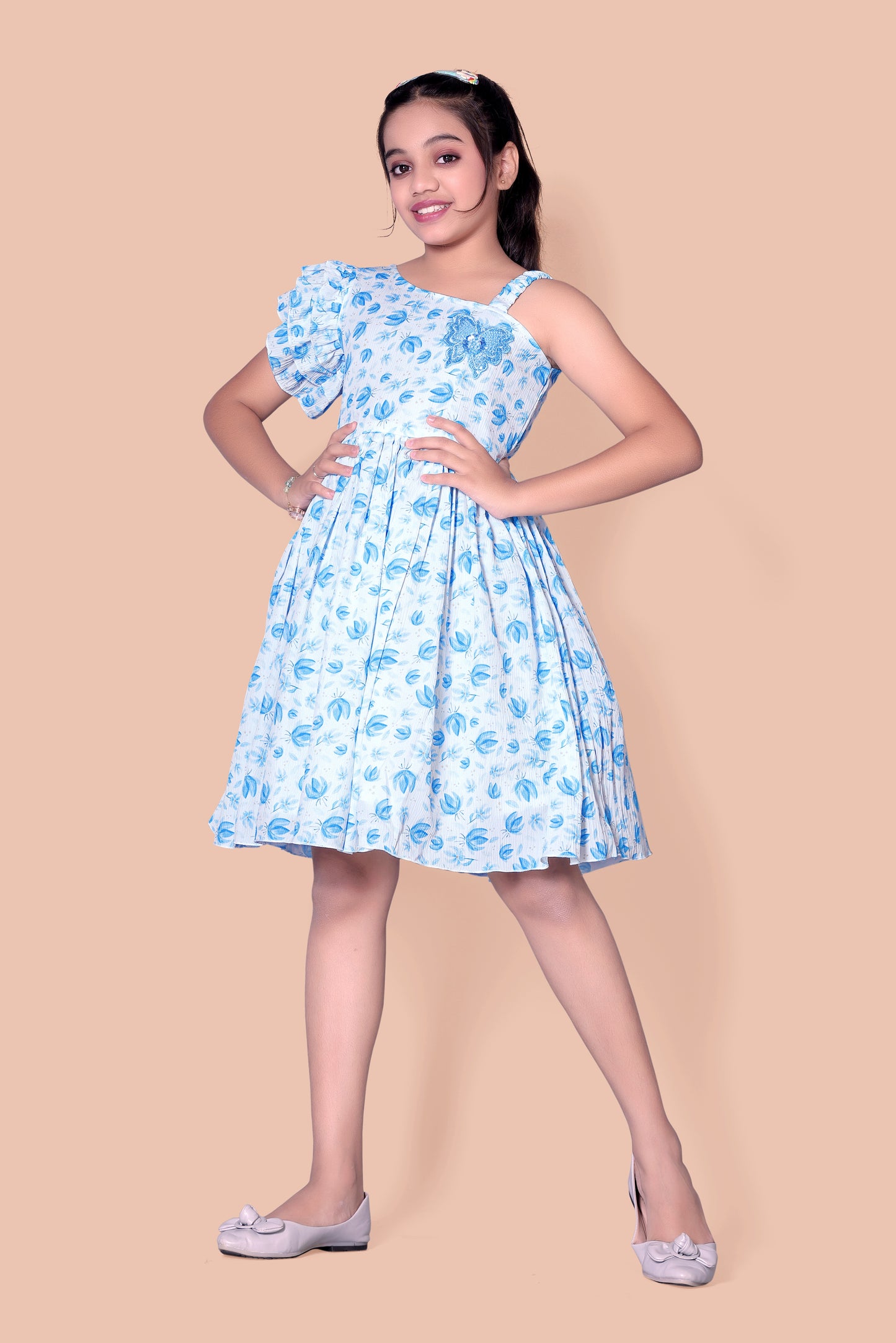 Lotus Printed One Shoulder Sleeves  Frock With Butterfly Broch On The Top