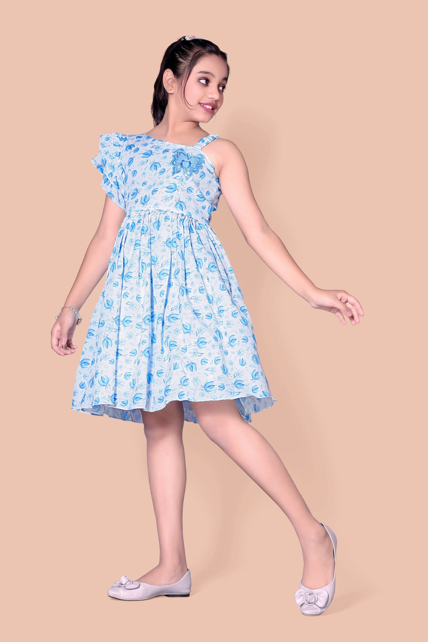 Lotus Printed One Shoulder Sleeves  Frock With Butterfly Broch On The Top