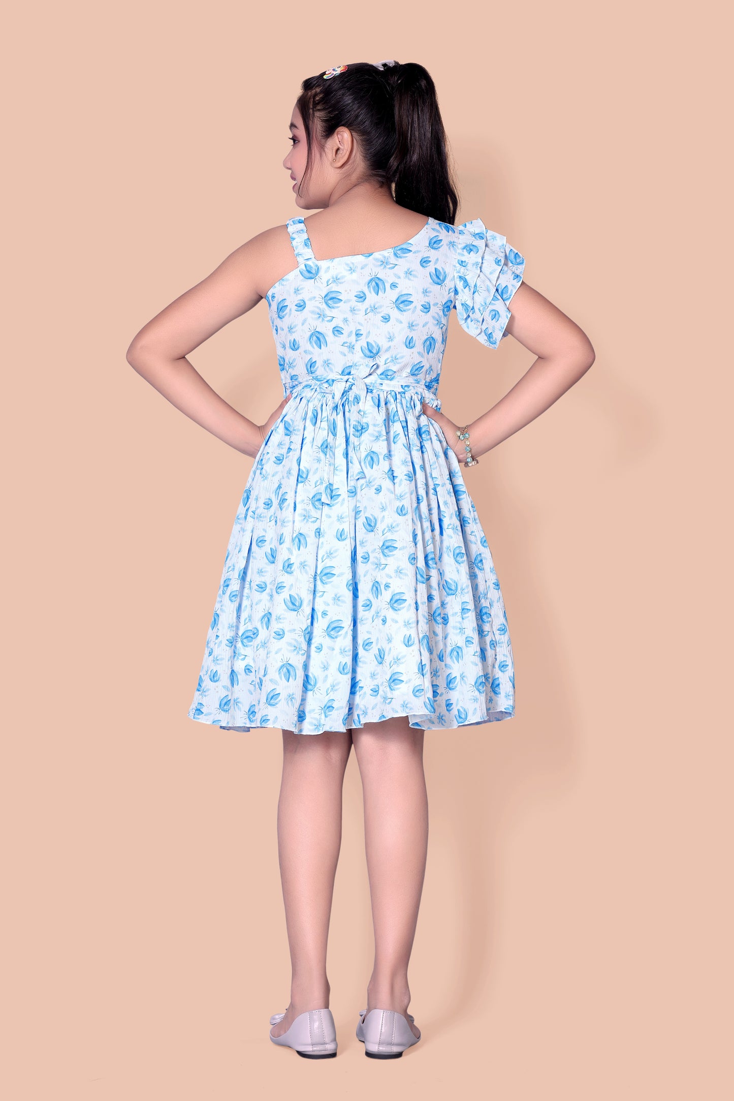 Lotus Printed One Shoulder Sleeves  Frock With Butterfly Broch On The Top