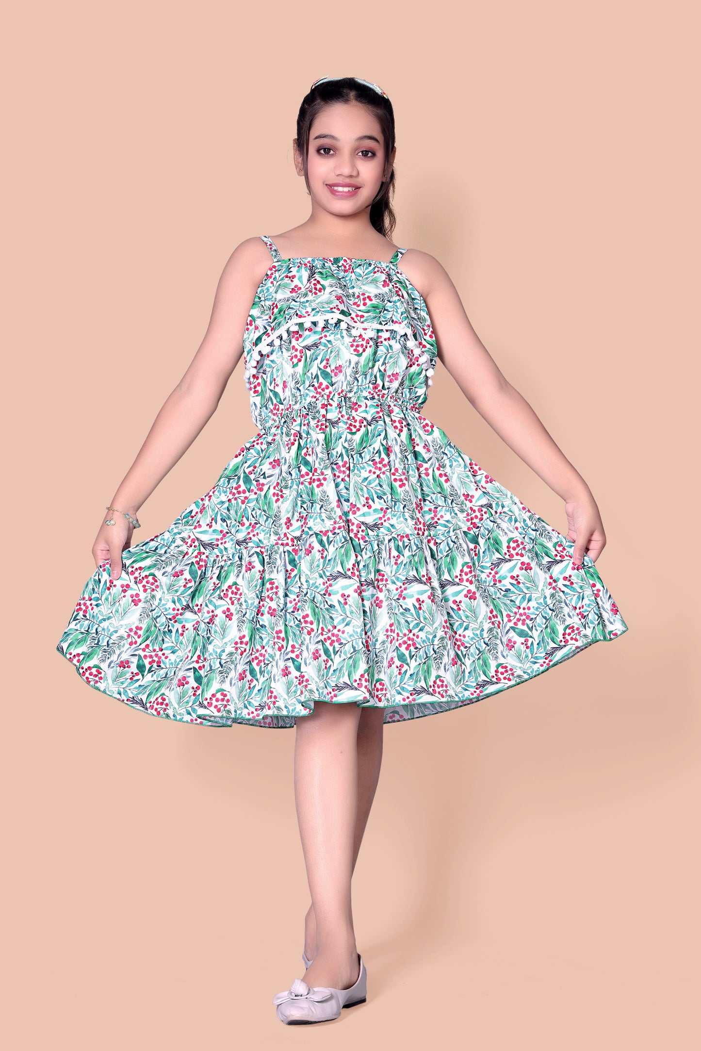 Green And  Red Cherry Printed Frock With Shoulder Stripe