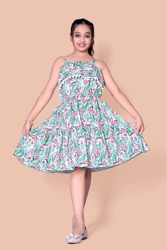 Green And  Red Cherry Printed Frock With Shoulder Stripe