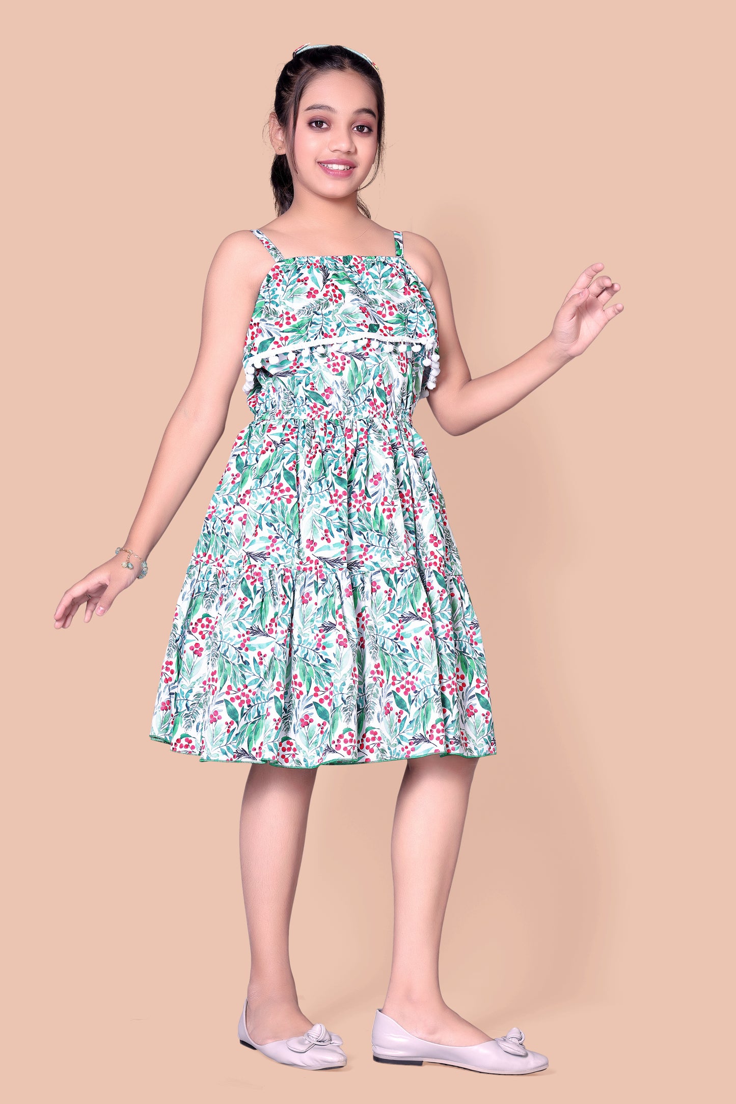 Green And  Red Cherry Printed Frock With Shoulder Stripe