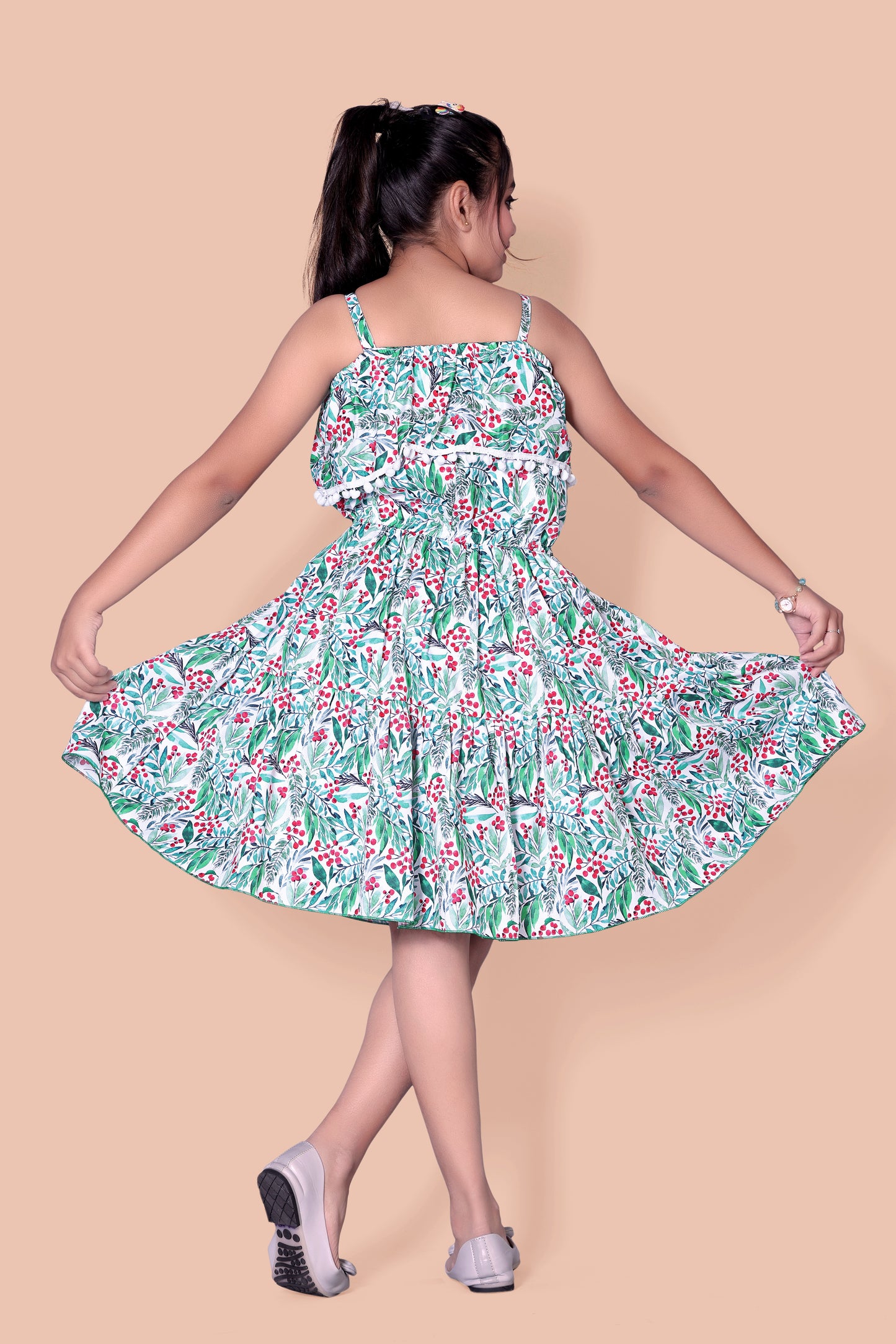 Green And  Red Cherry Printed Frock With Shoulder Stripe