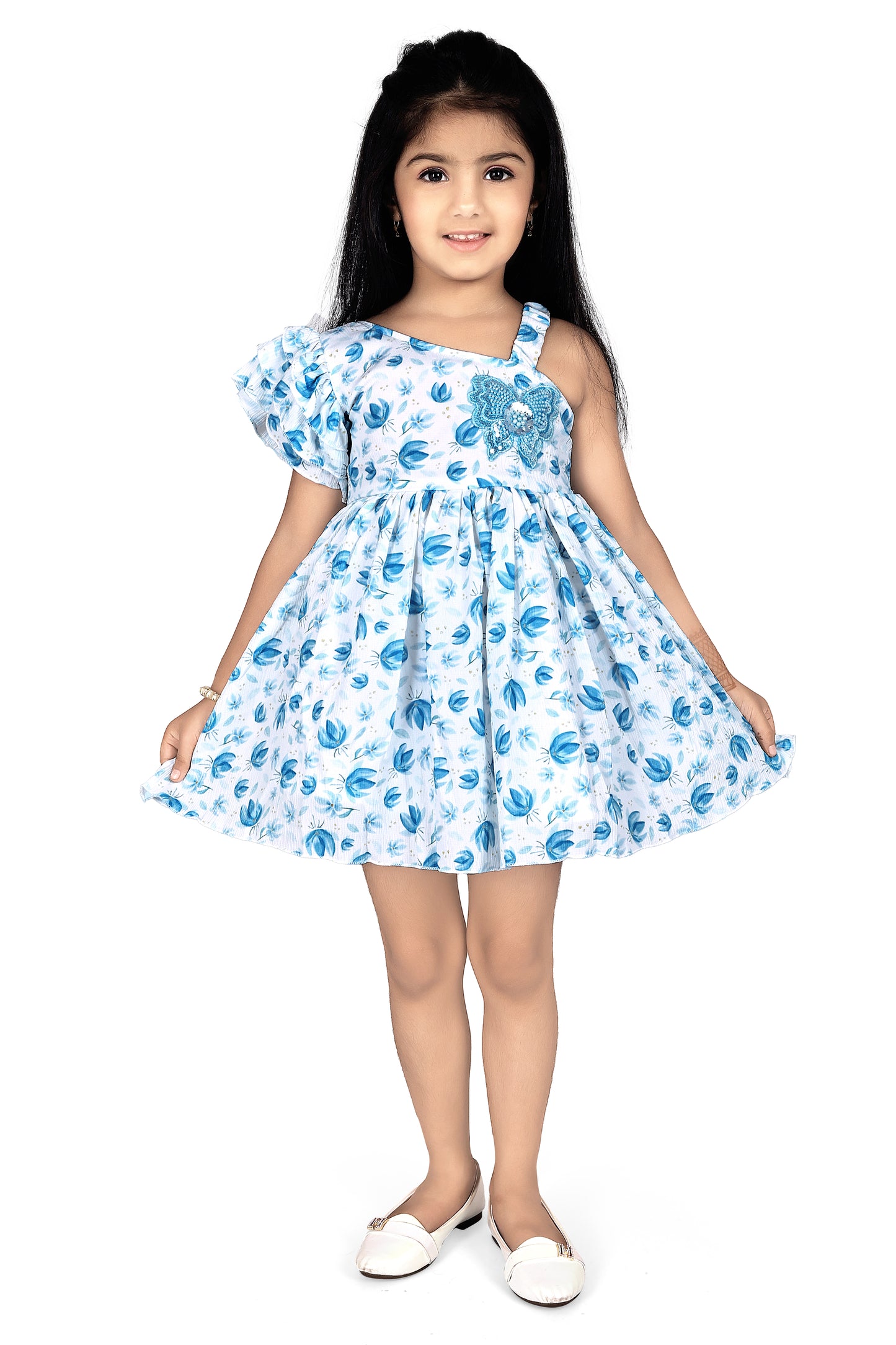 One side ruffled sleeve frock