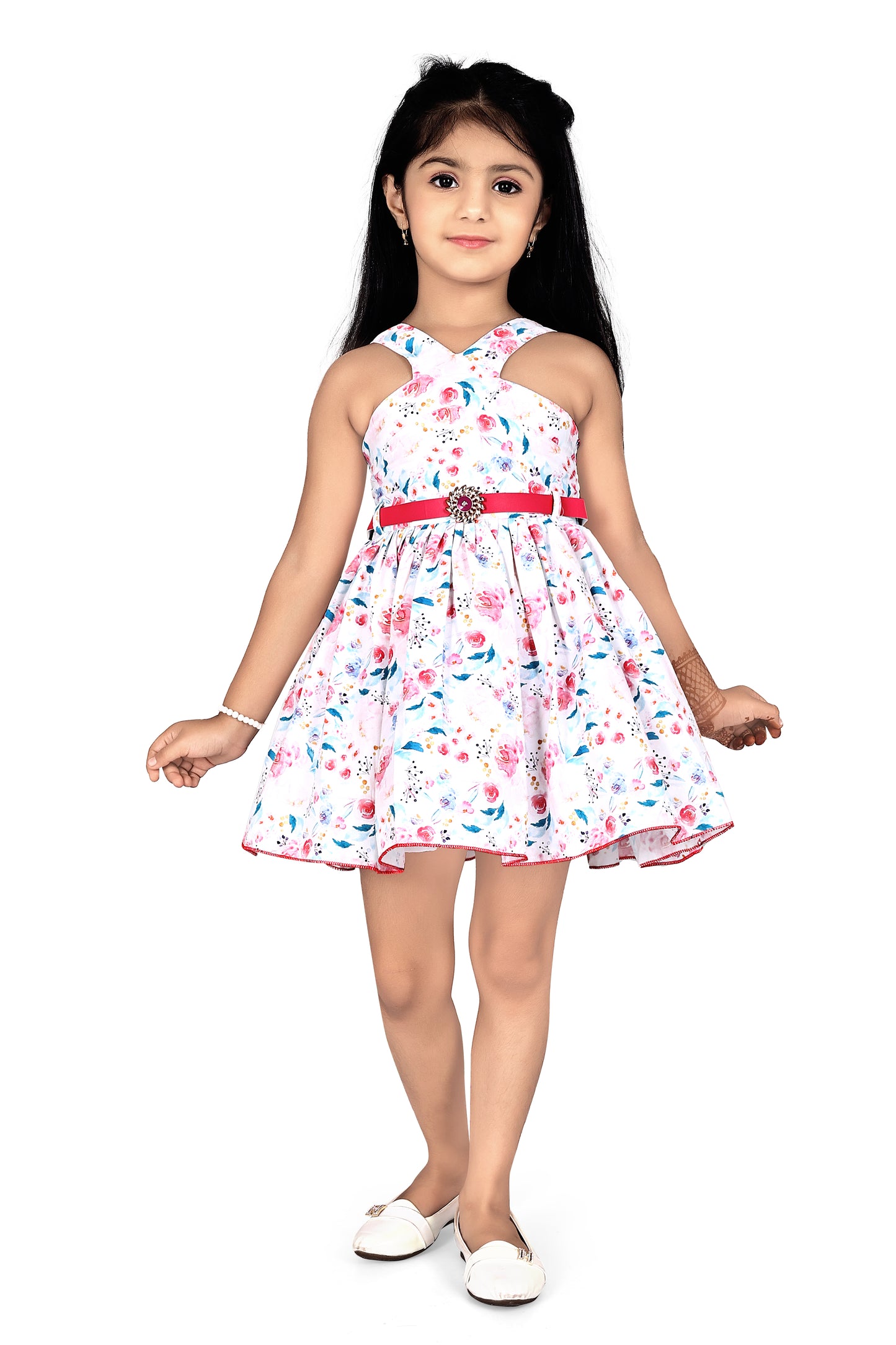 floral printed cross neck frock with back smoking