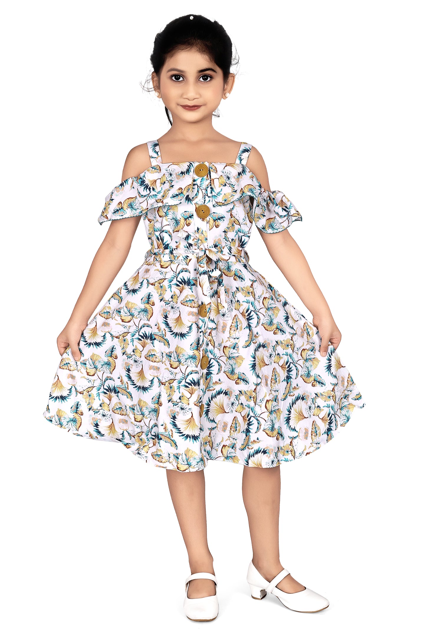 Green colour leaves off shoulder A-Line dress.