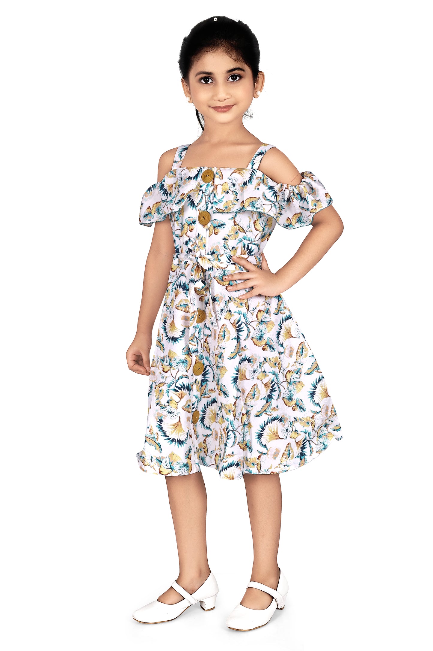 Green colour leaves off shoulder A-Line dress.