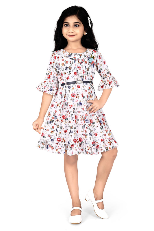 Multicolour floral print frock with 3/4 th sleeves