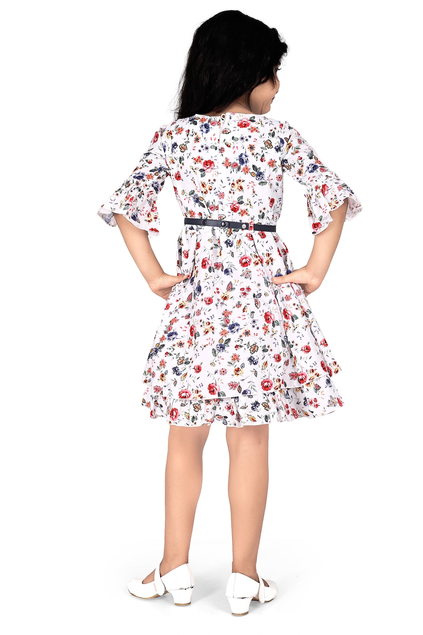 Multicolour floral print frock with 3/4 th sleeves