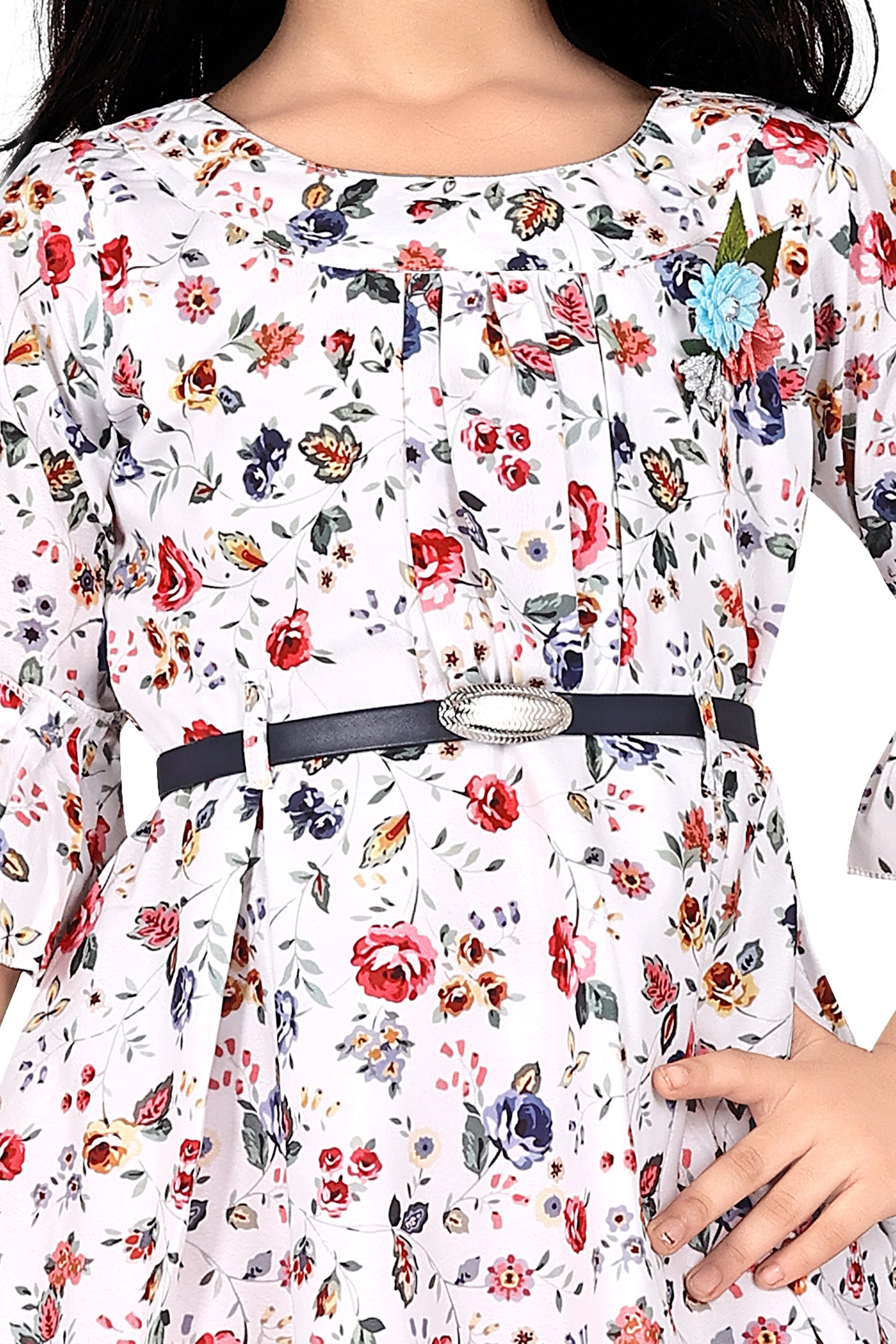 Multicolour floral print frock with 3/4 th sleeves