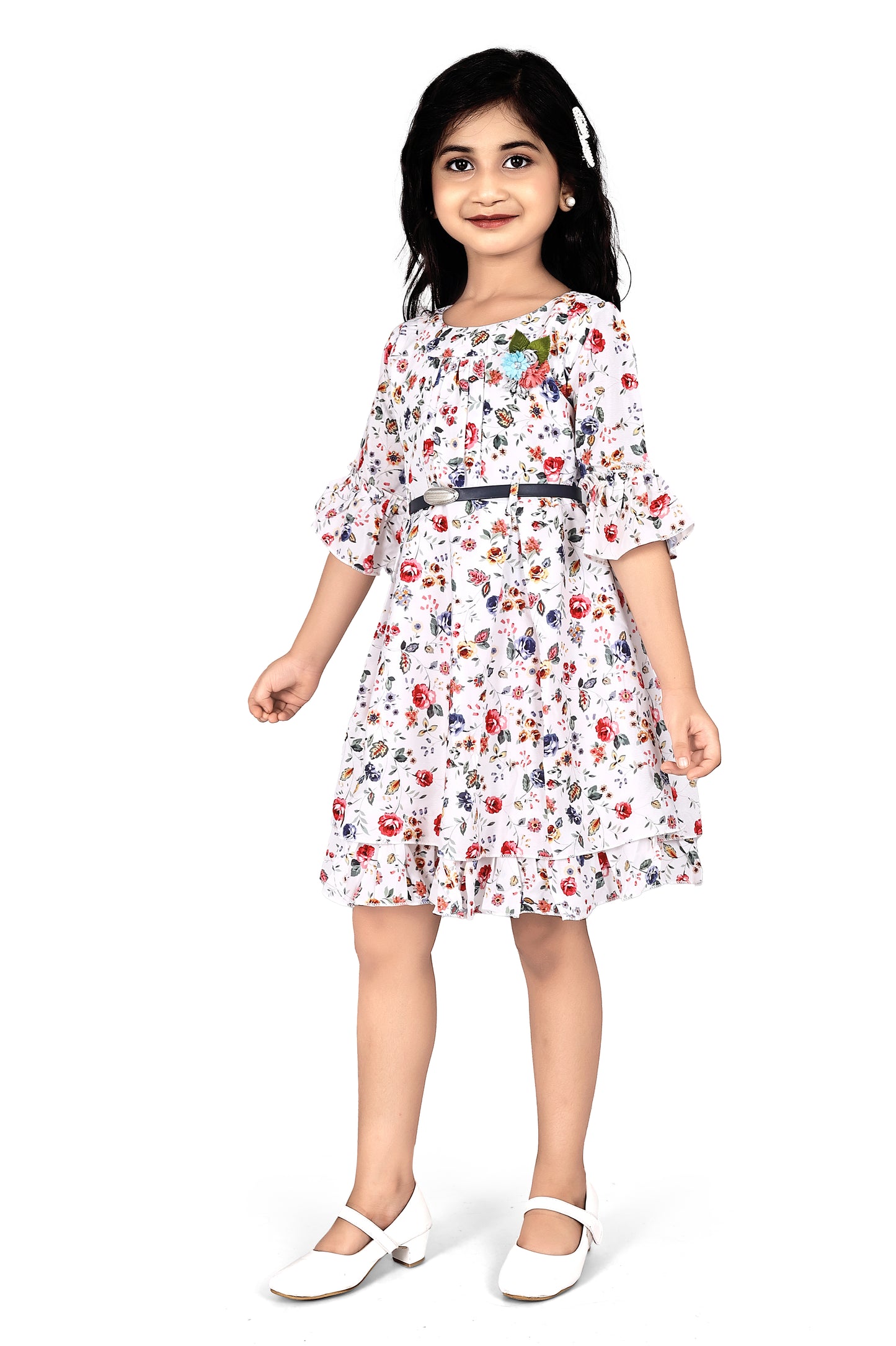 Multicolour floral print frock with 3/4 th sleeves