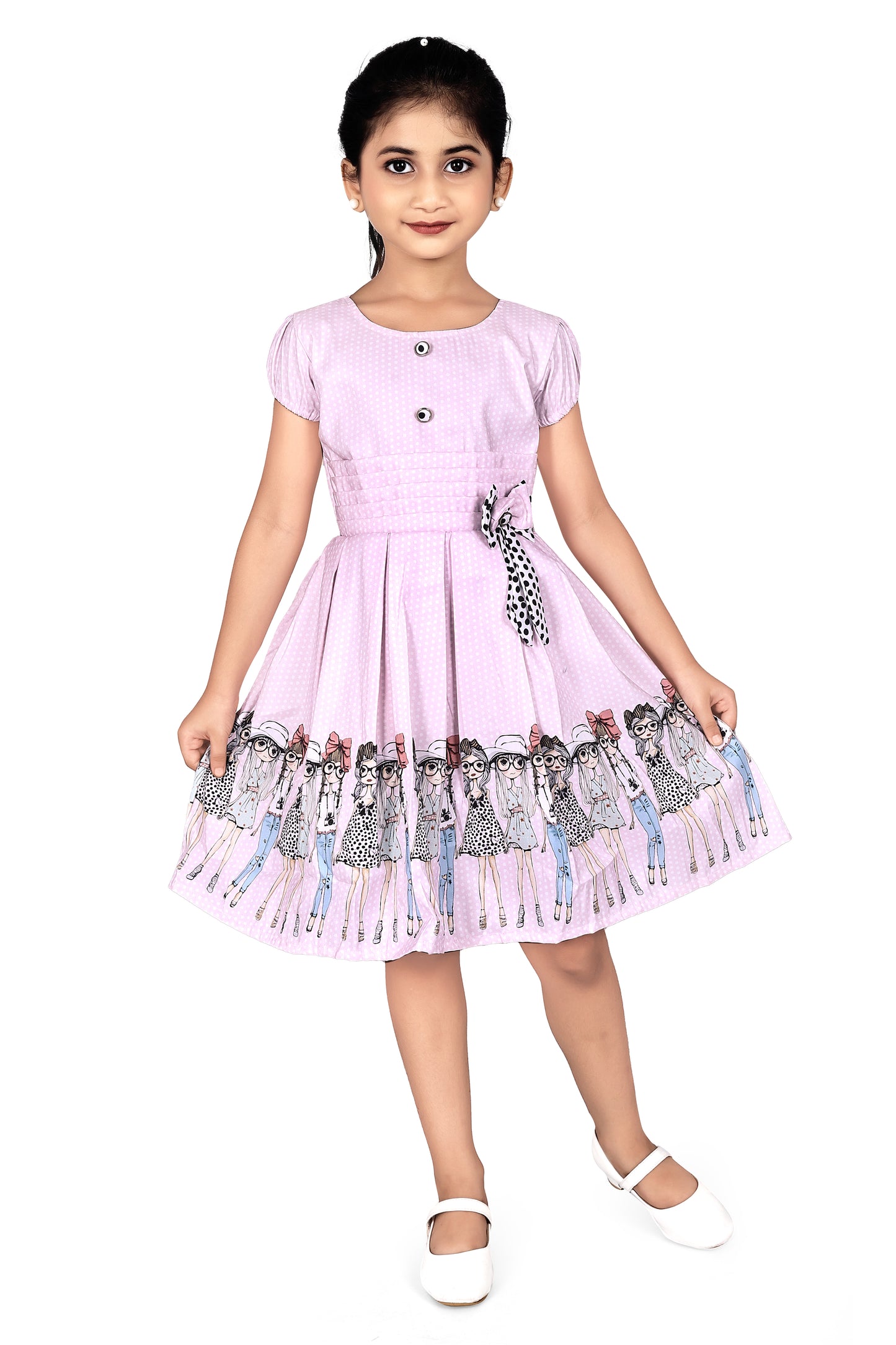 Beautiful Doll Print Design Short Puff Sleeves Dress