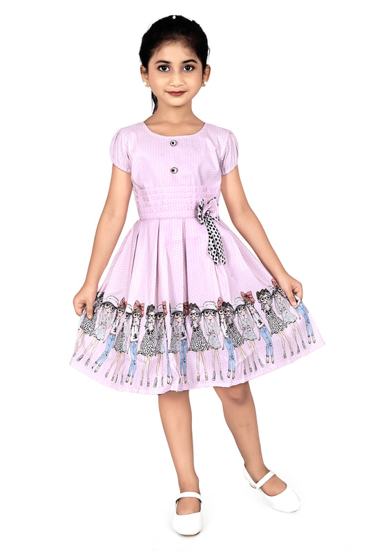 Beautiful Doll Print Design Short Puff Sleeves Dress