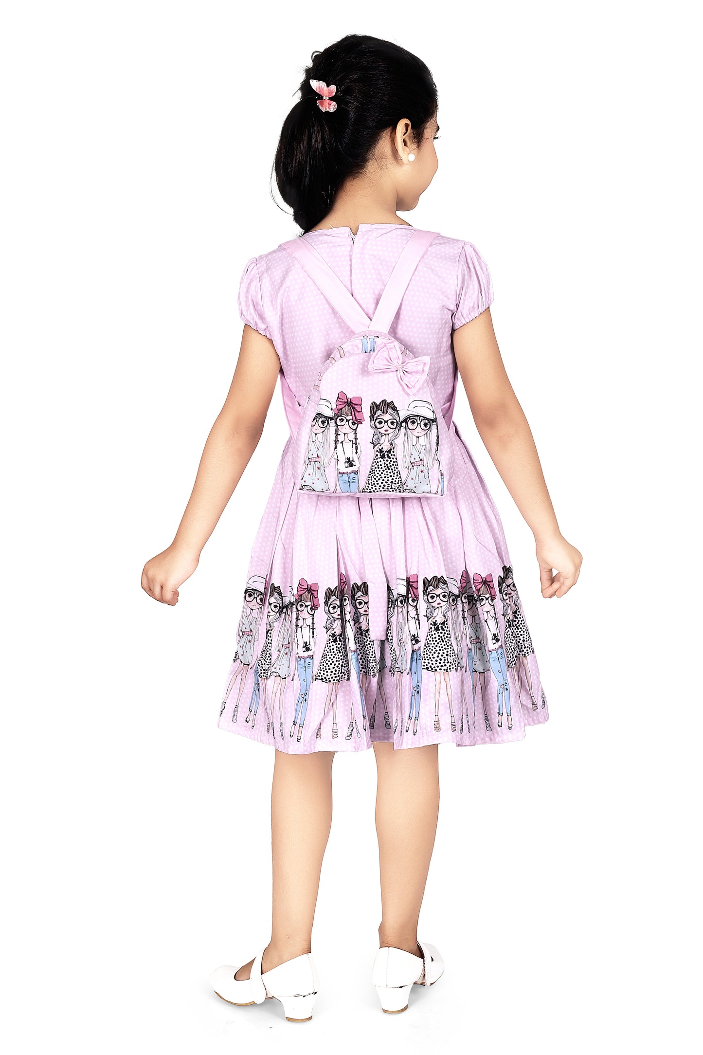 Beautiful Doll Print Design Short Puff Sleeves Dress