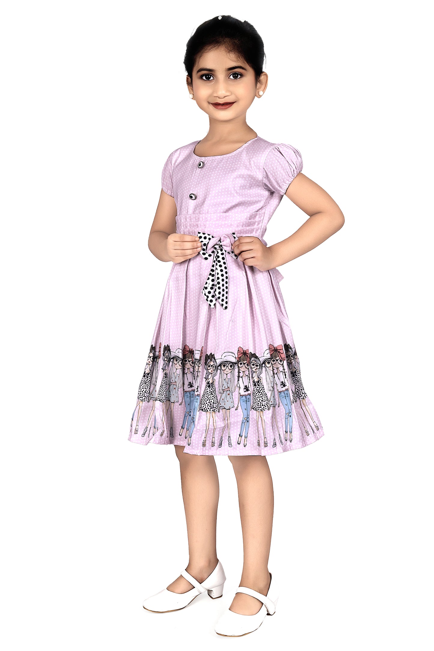 Beautiful Doll Print Design Short Puff Sleeves Dress