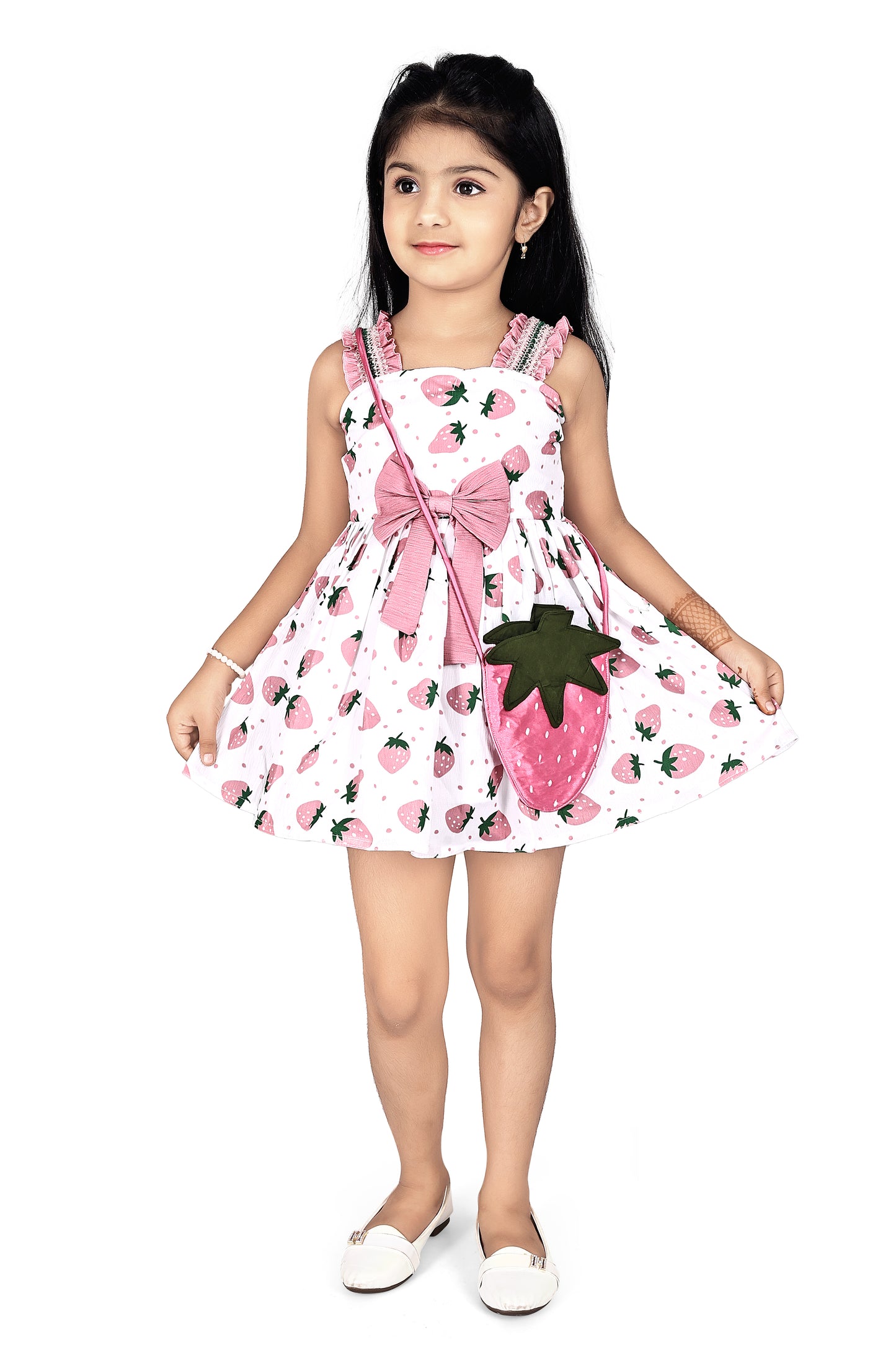 strawberry print  frock with smoking sleeves