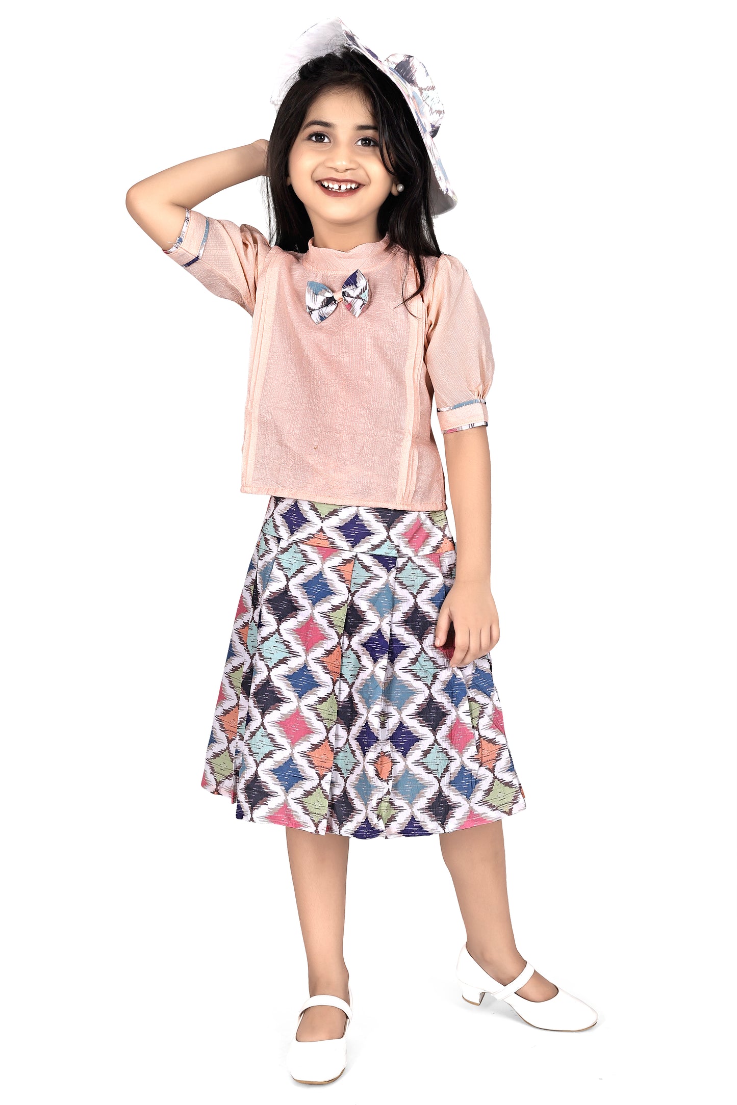 Peach top with Multicolour diamond skirt