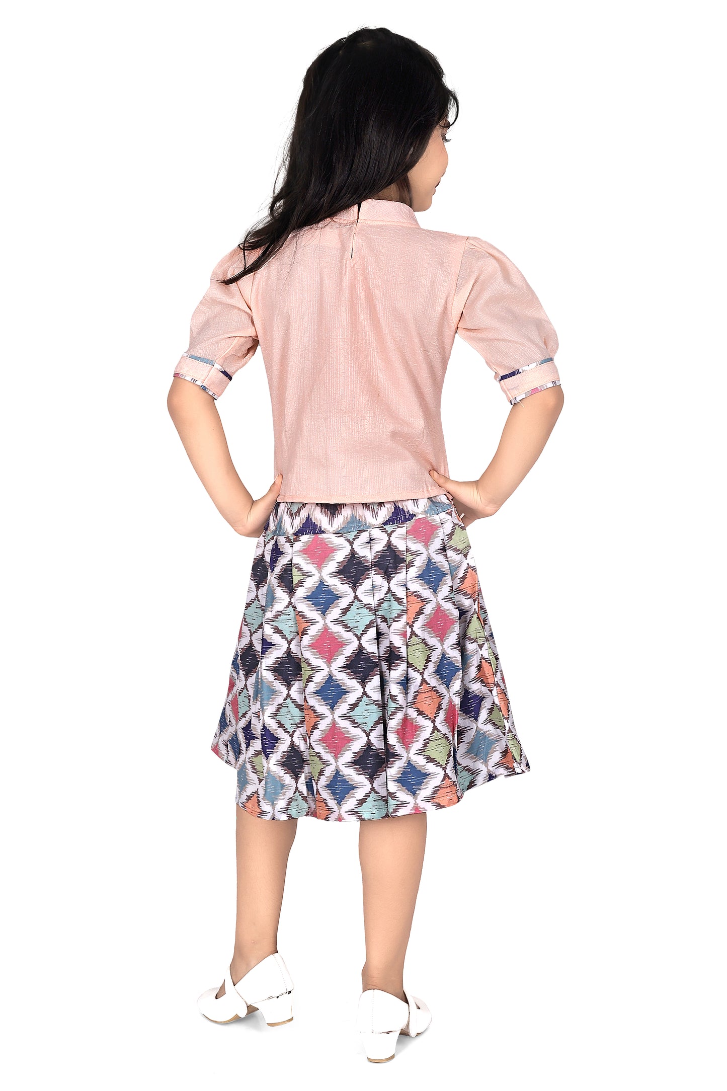 Peach top with Multicolour diamond skirt