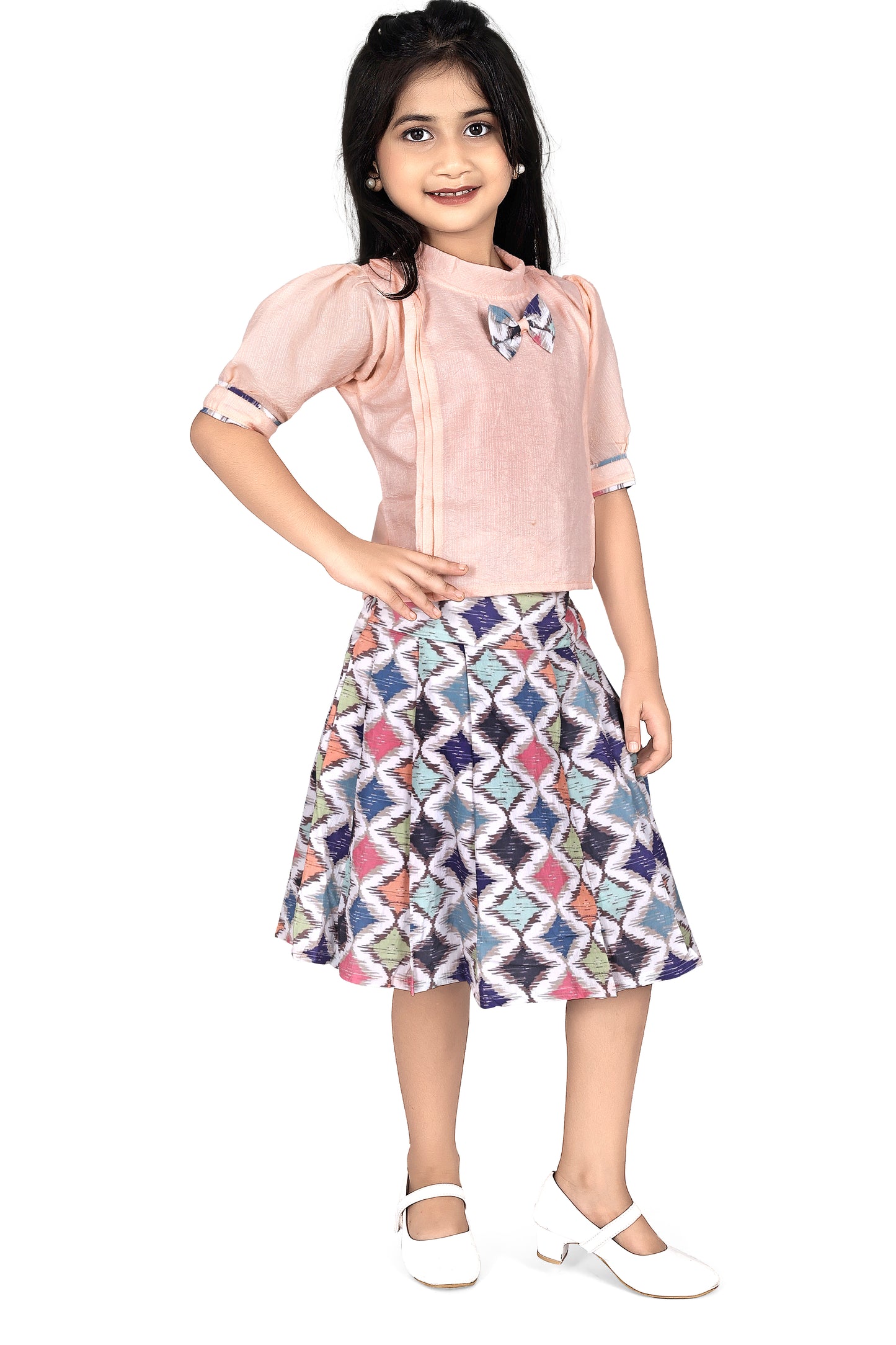 Peach top with Multicolour diamond skirt