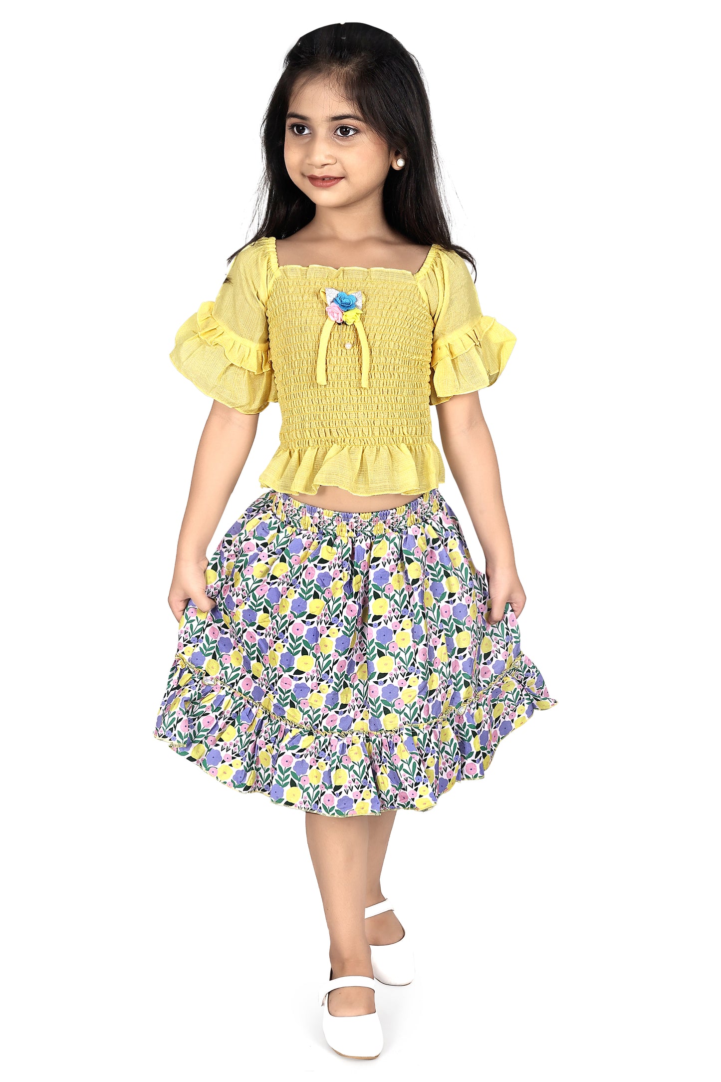 Yellow smoking top with multicolour skirt