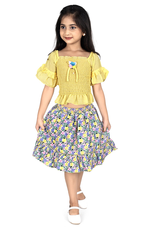 Yellow smoking top with multicolour skirt