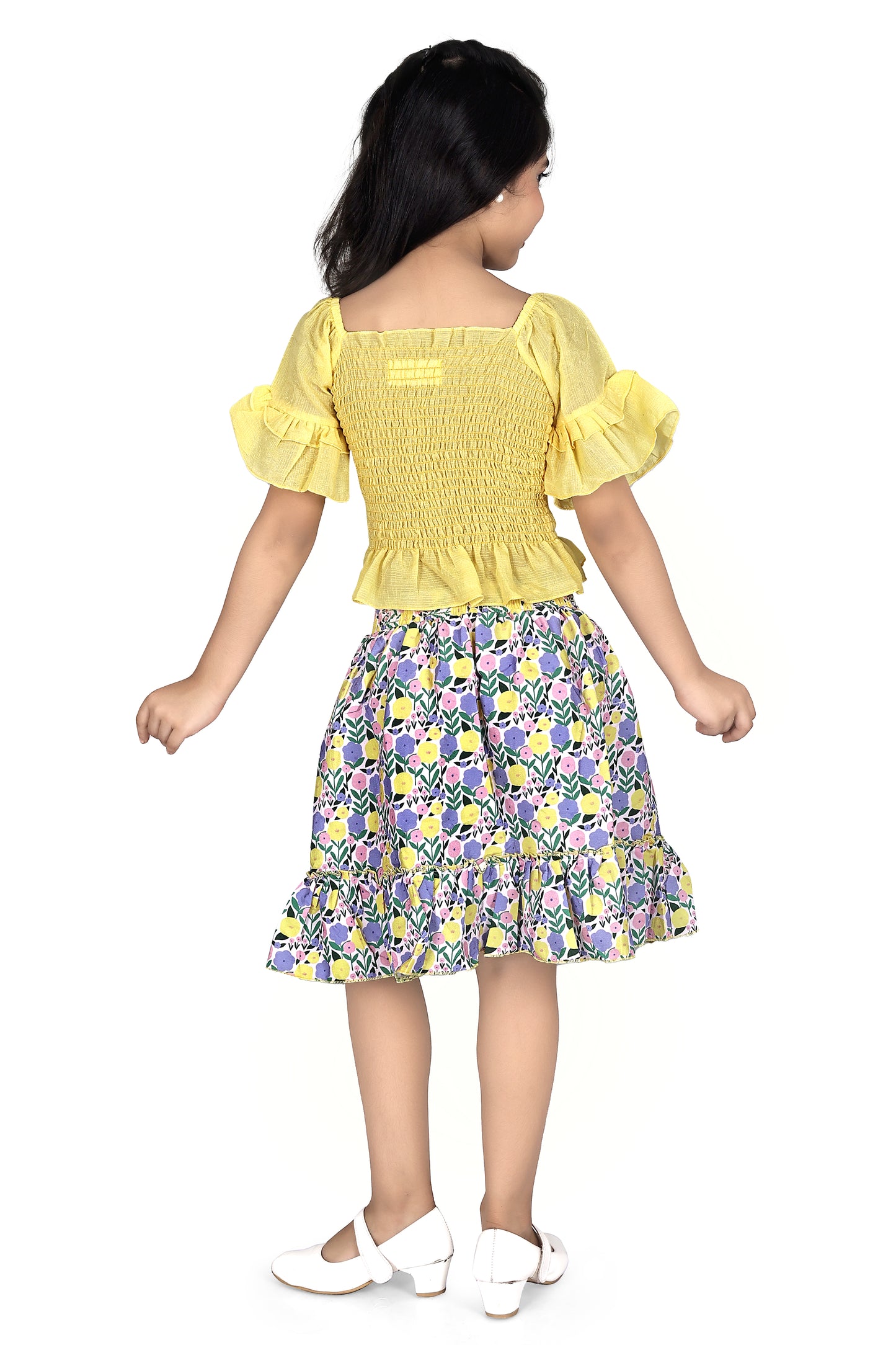 Yellow smoking top with multicolour skirt