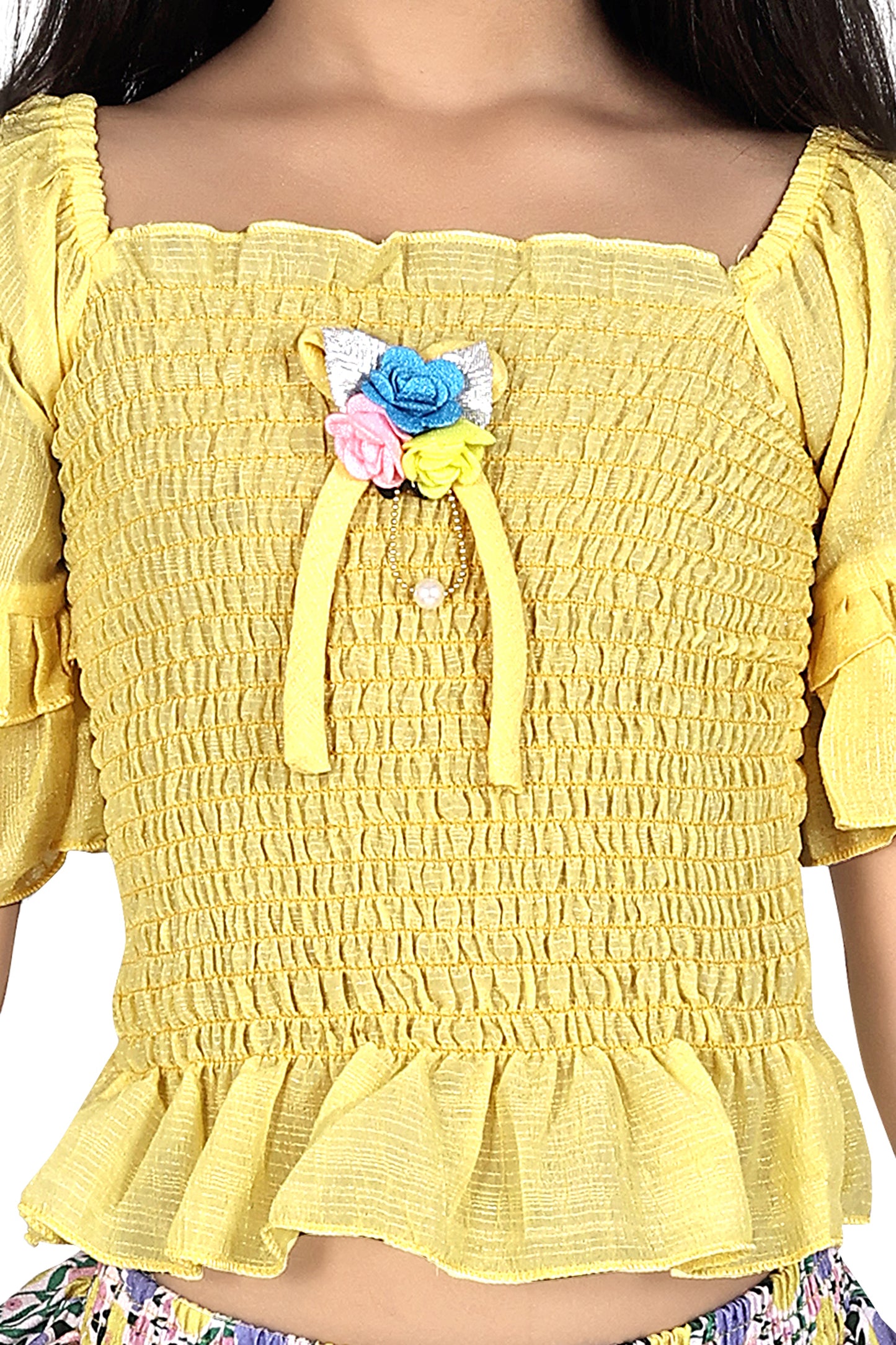 Yellow smoking top with multicolour skirt