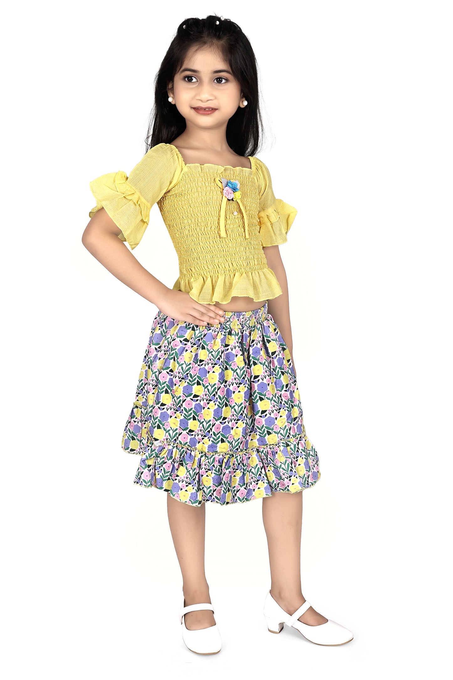 Yellow smoking top with multicolour skirt