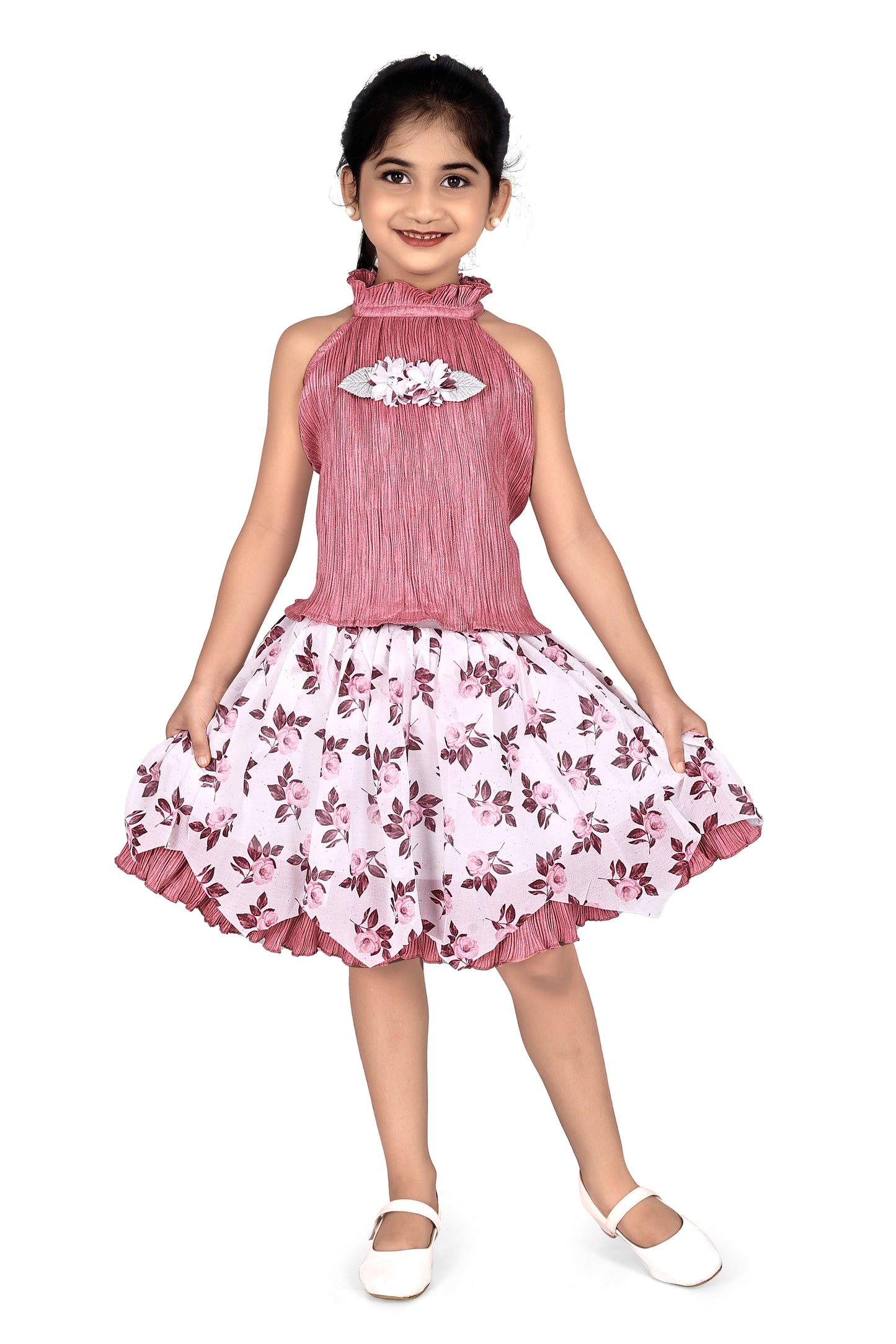 Rose gold halter neck pleated top with chiffon skirt