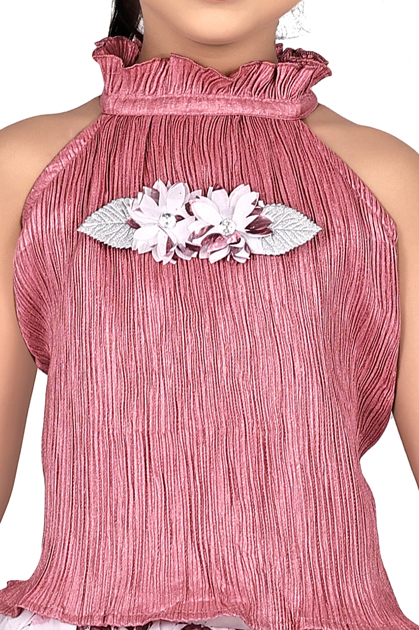 Rose gold halter neck pleated top with chiffon skirt