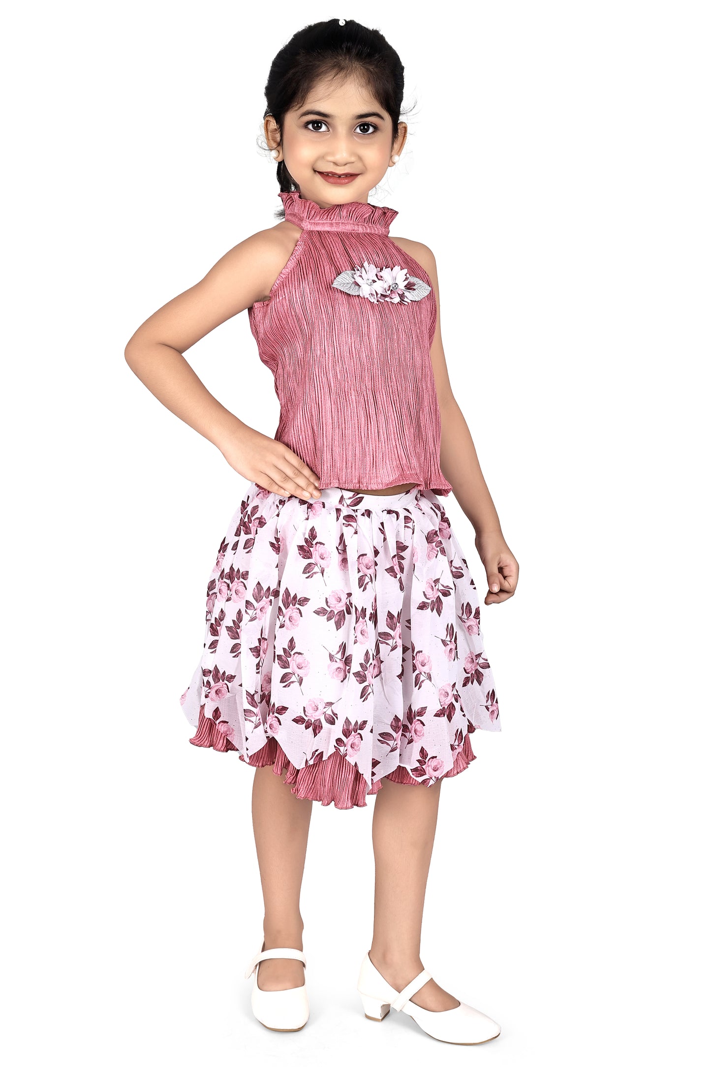 Rose gold halter neck pleated top with chiffon skirt