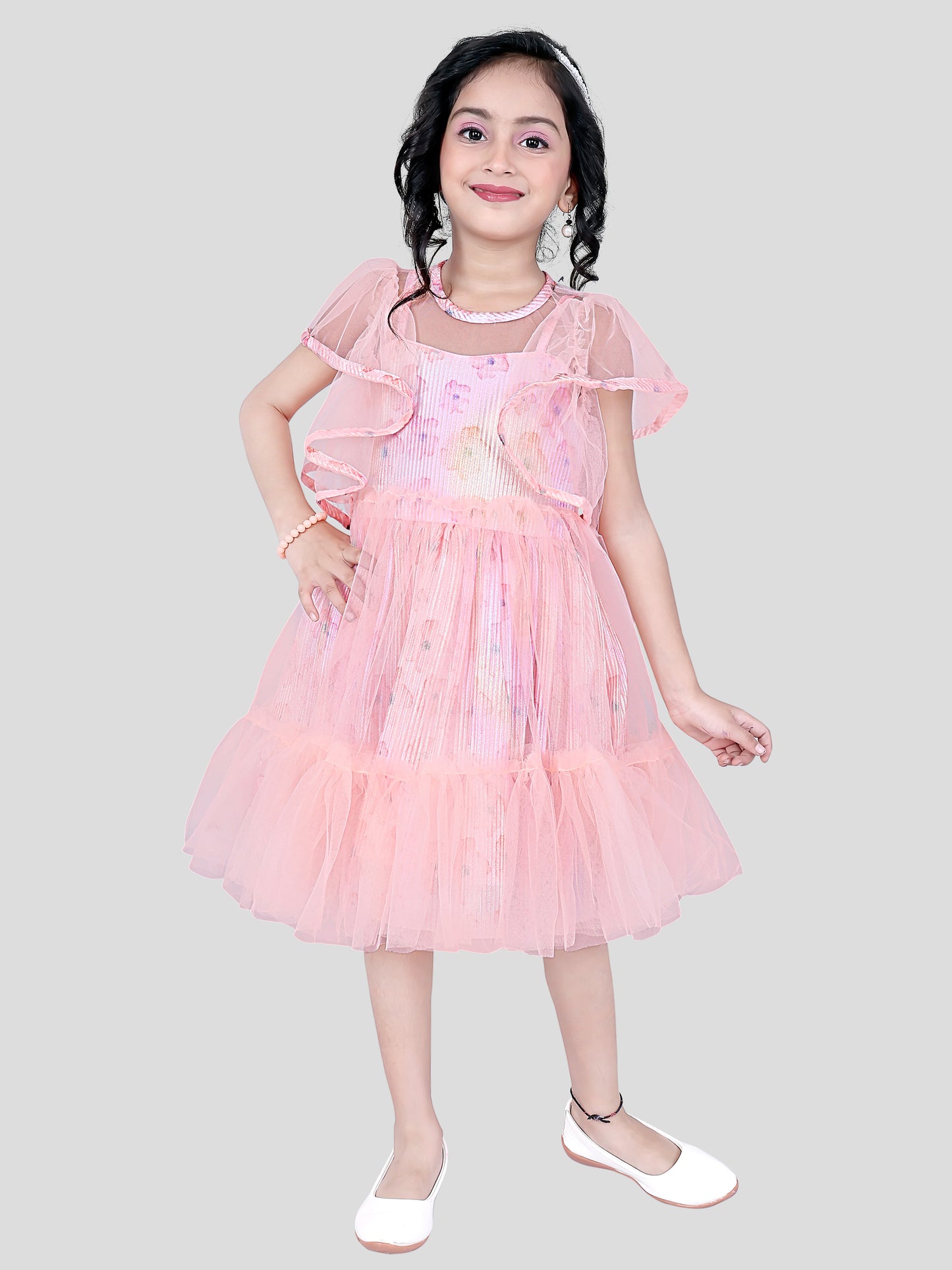 A Charming Peach Net Partywear Dress